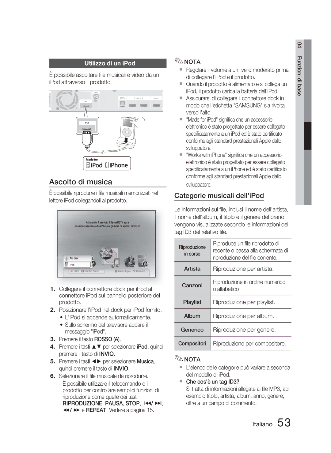 Samsung HT-C5800/XEE Ascolto di musica, Categorie musicali delliPod, Utilizzo di un iPod, Riproduzione, Pausa, Stop, #/ $ 