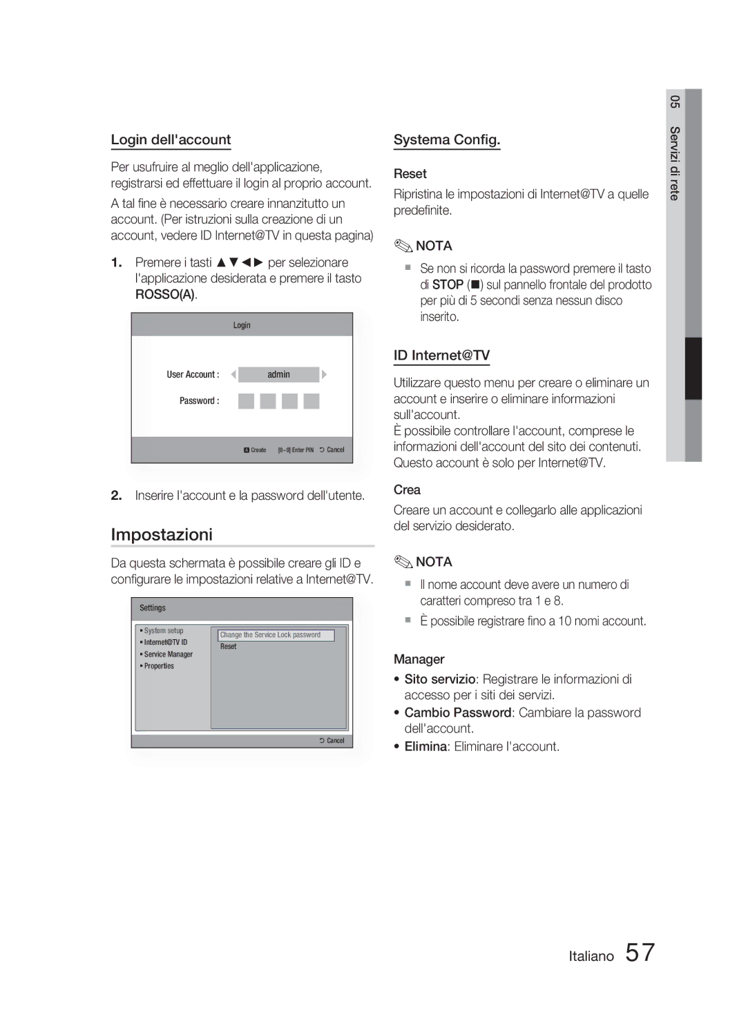 Samsung HT-C5800/EDC, HT-C5800/XEF, HT-C5800/XEE manual Impostazioni, Login dellaccount, Systema Conﬁg, ID Internet@TV 