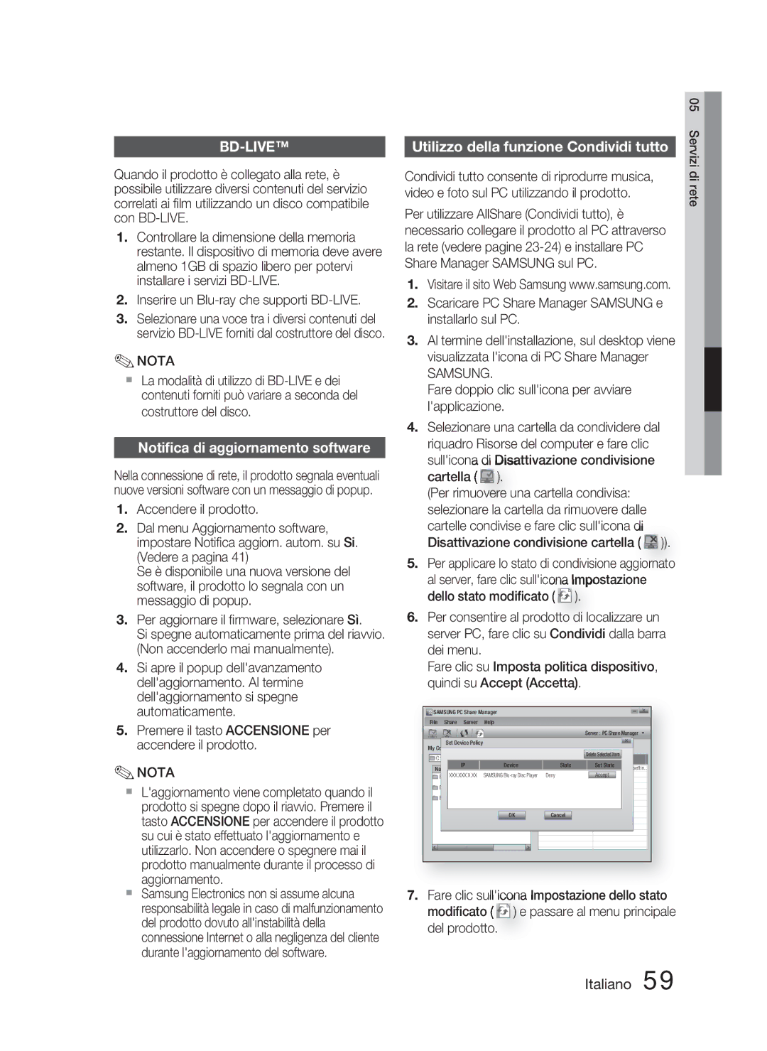 Samsung HT-C5800/XEE, HT-C5800/EDC Notiﬁca di aggiornamento software, Utilizzo della funzione Condividi tutto, Samsung 