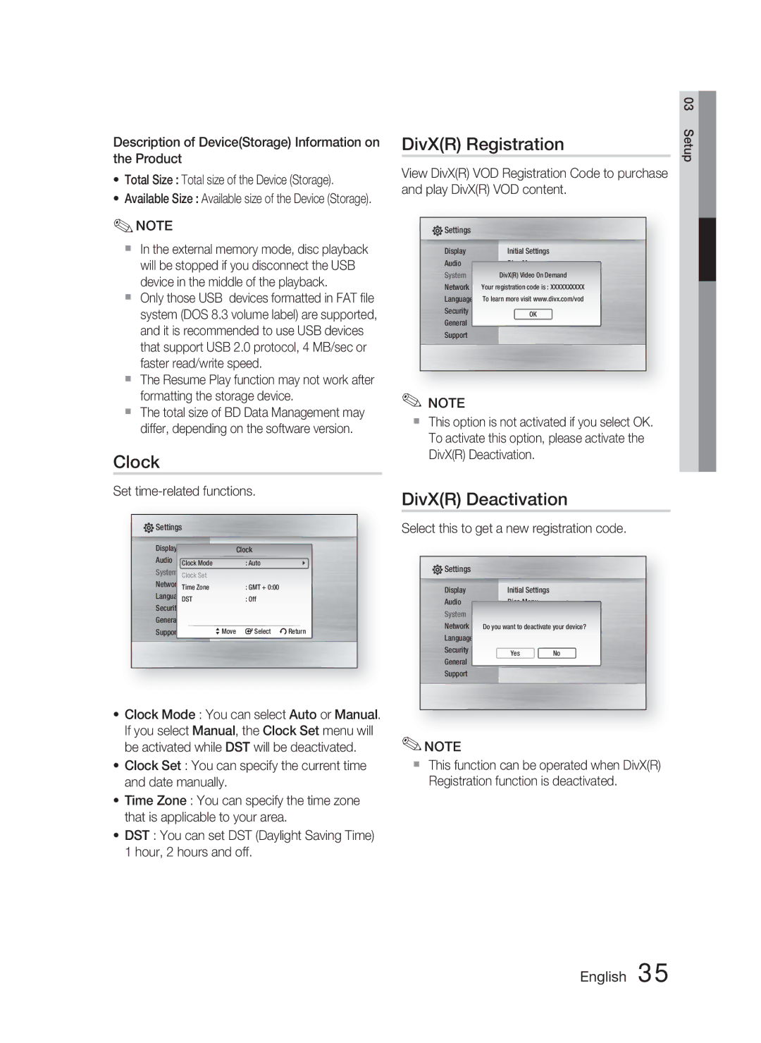 Samsung HT-C5800/XEE, HT-C5800/EDC, HT-C5800/XEF Clock, DivXR Registration, DivXR Deactivation, Set time-related functions 