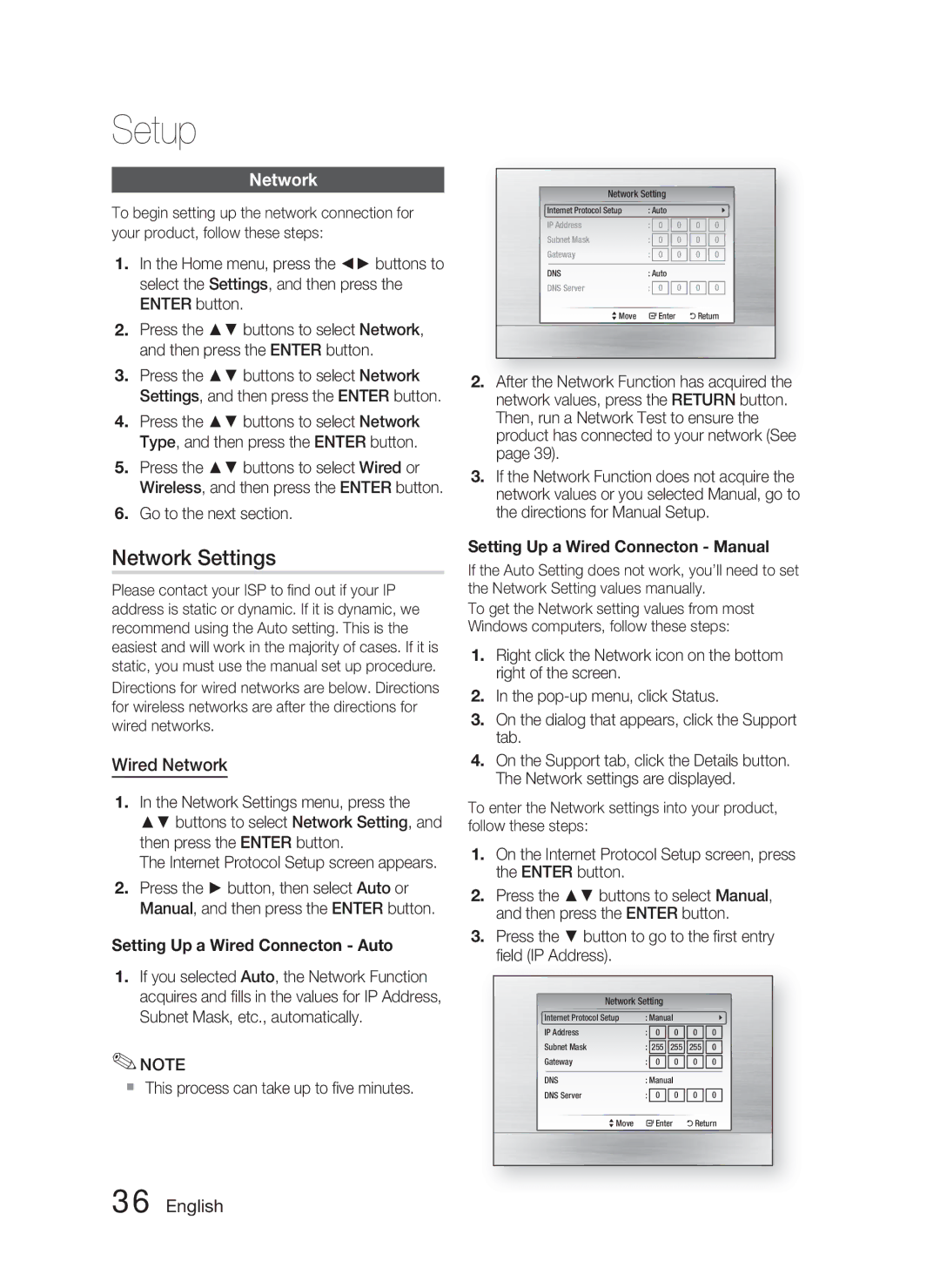 Samsung HT-C5800/EDC, HT-C5800/XEF, HT-C5800/XEE manual Network Settings, Wired Network, Setting Up a Wired Connecton Auto 