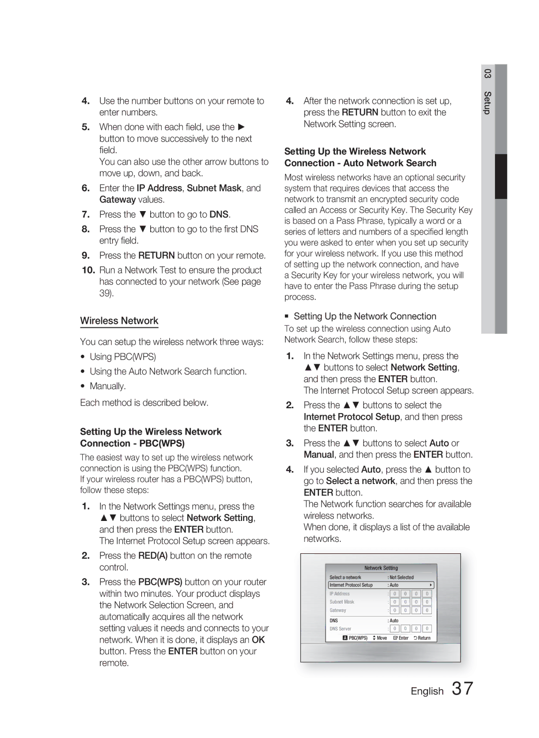 Samsung HT-C5800/XEF, HT-C5800/EDC, HT-C5800/XEE manual Setting Up the Wireless Network Connection Pbcwps 