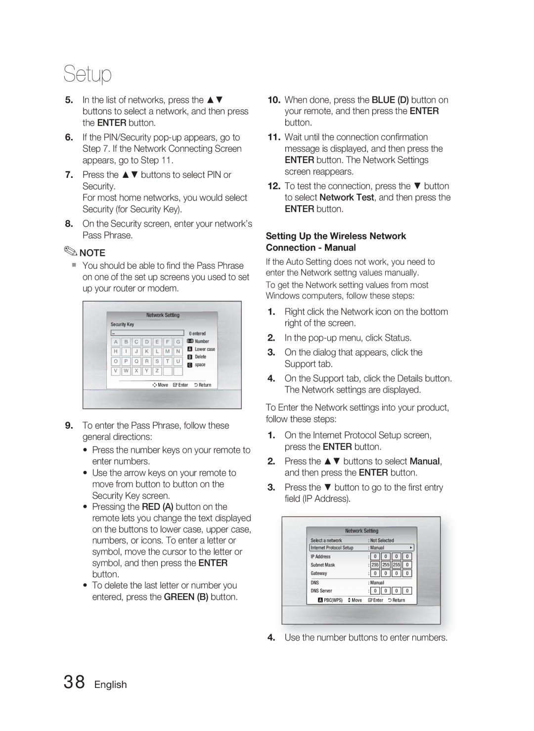 Samsung HT-C5800/XEE manual Setting Up the Wireless Network Connection Manual, Use the number buttons to enter numbers 