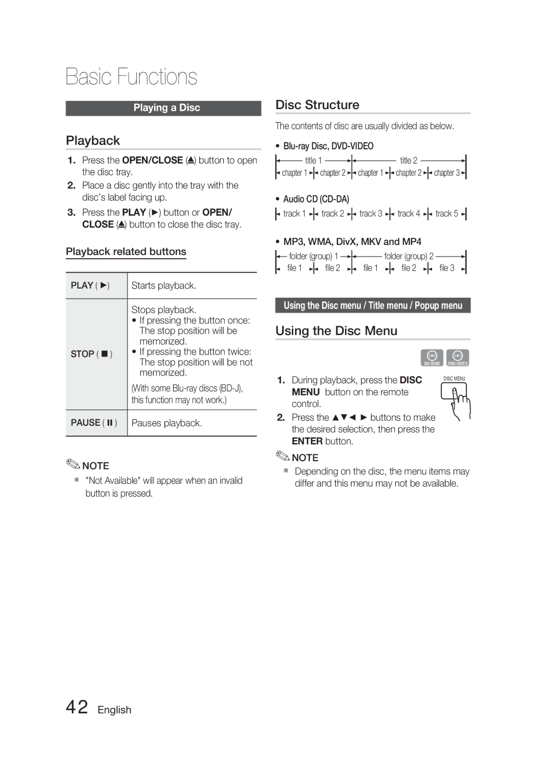 Samsung HT-C5800/EDC, HT-C5800/XEF, HT-C5800/XEE manual Basic Functions, Playback, Disc Structure, Using the Disc Menu 