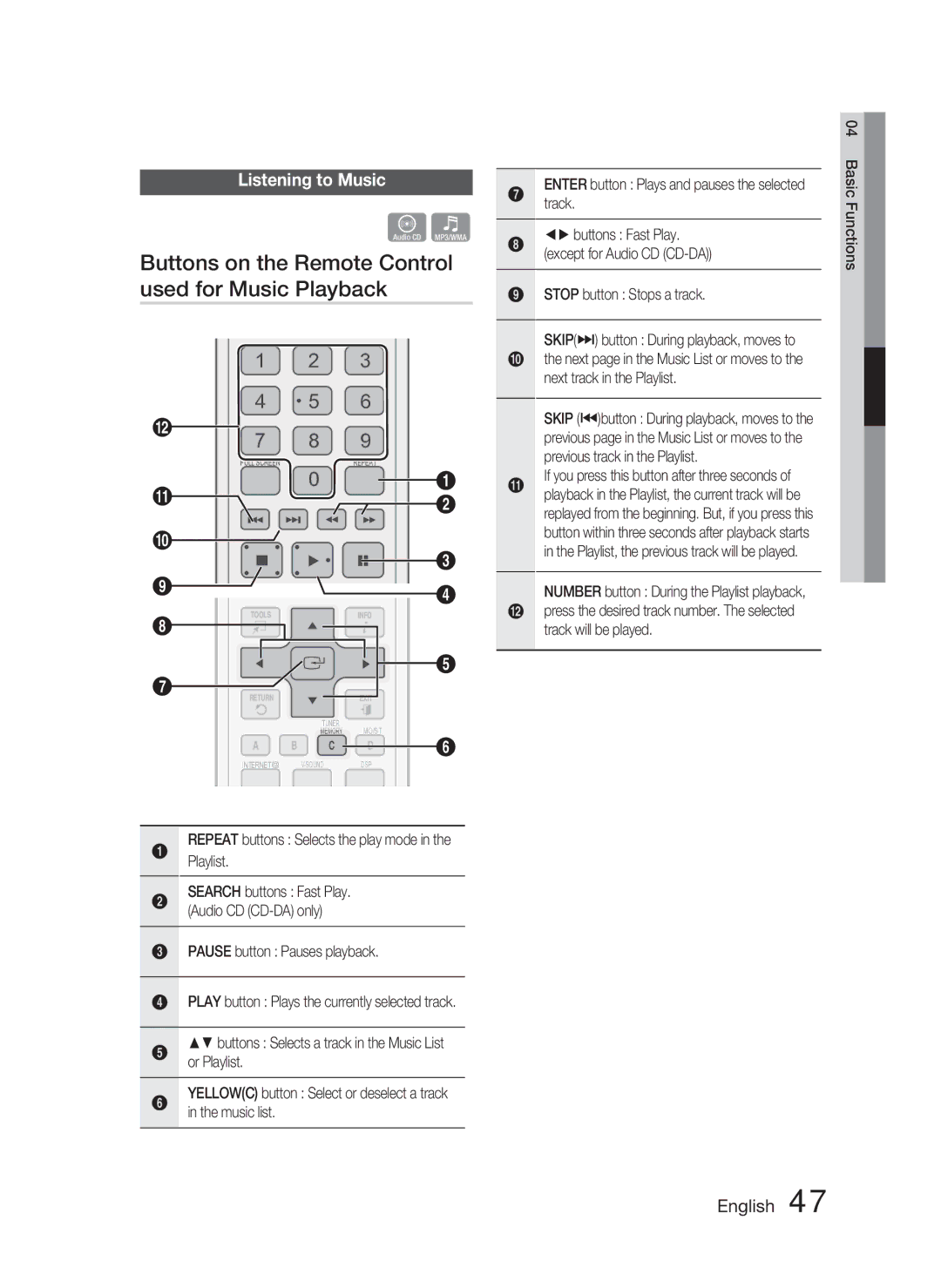 Samsung HT-C5800/XEE Buttons on the Remote Control used for Music Playback, Listening to Music, Stop button Stops a track 