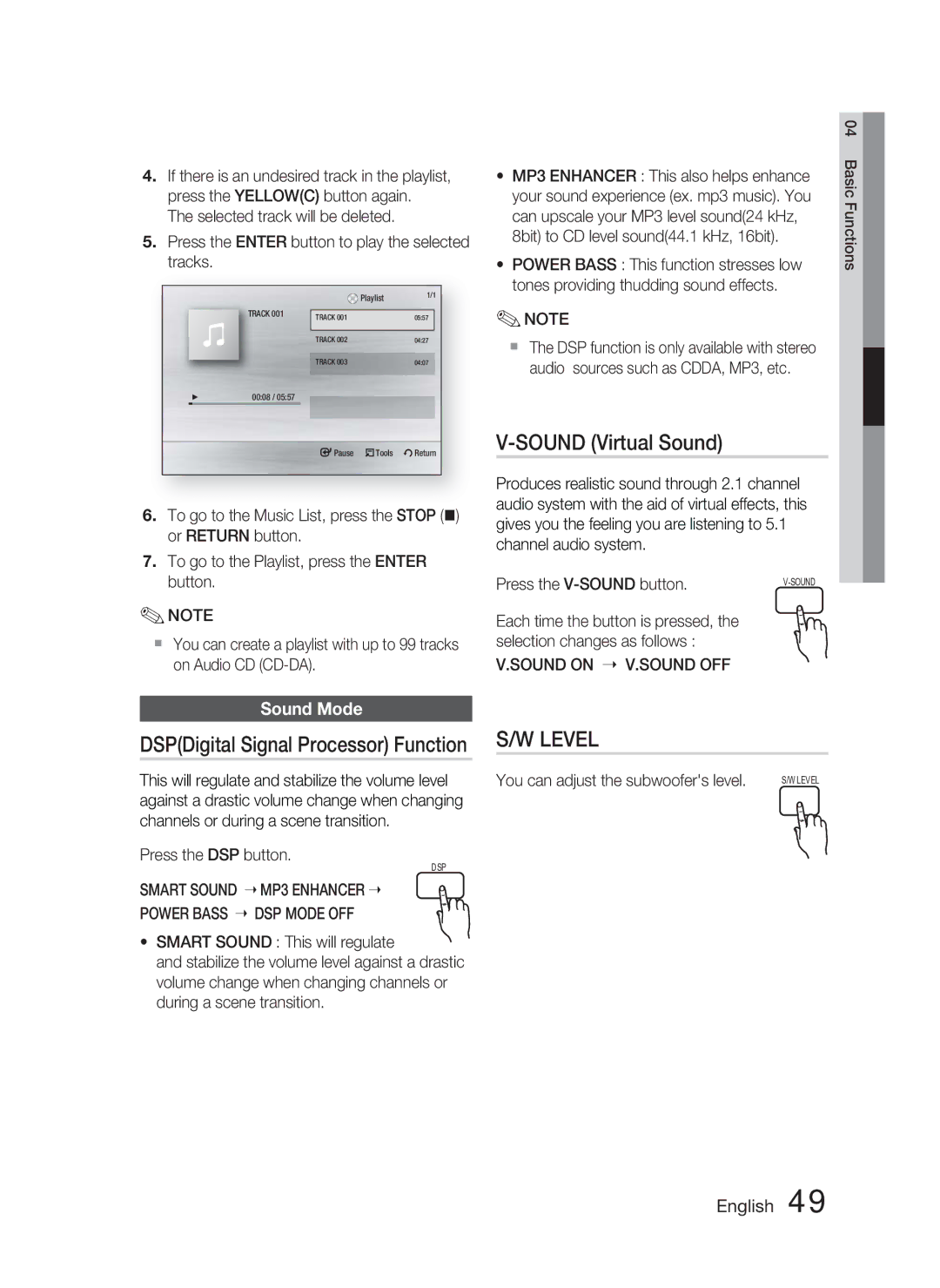 Samsung HT-C5800/XEF, HT-C5800/EDC, HT-C5800/XEE manual Sound Virtual Sound, DSPDigital Signal Processor Function, Sound Mode 