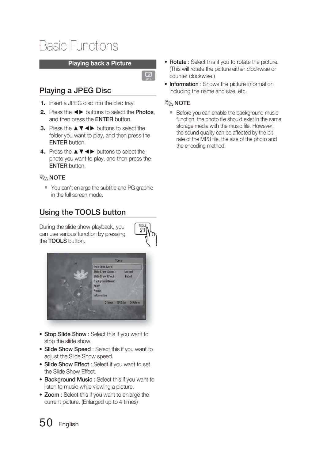 Samsung HT-C5800/XEE, HT-C5800/EDC, HT-C5800/XEF manual Playing a Jpeg Disc, Using the Tools button, Playing back a Picture 