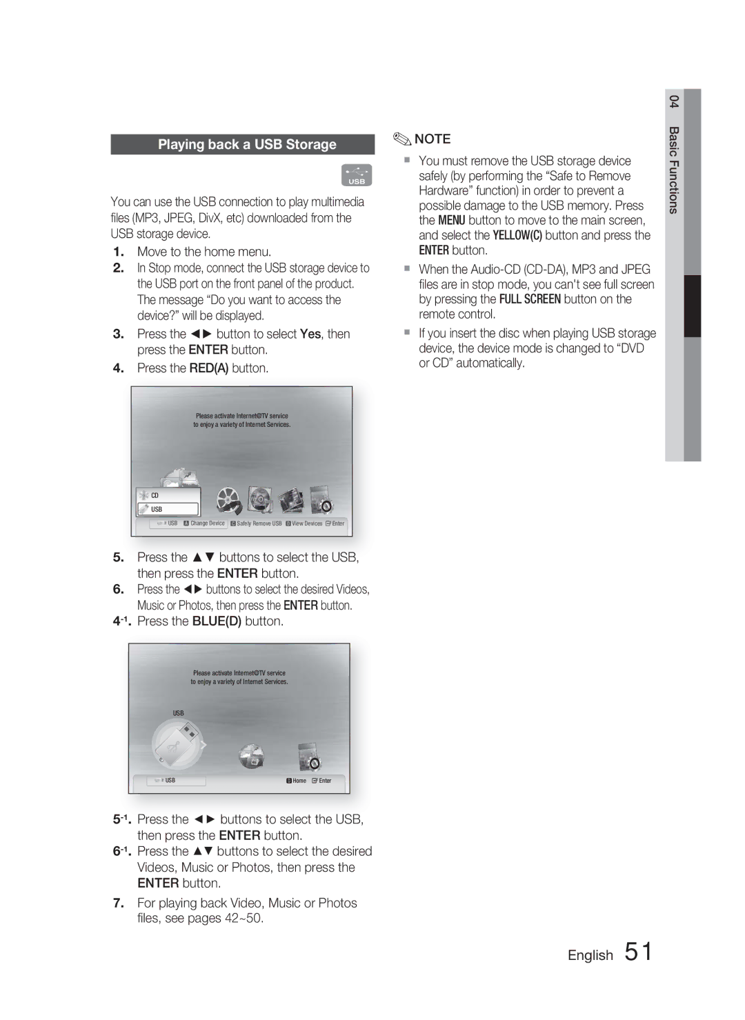 Samsung HT-C5800/EDC, HT-C5800/XEF, HT-C5800/XEE manual Playing back a USB Storage 