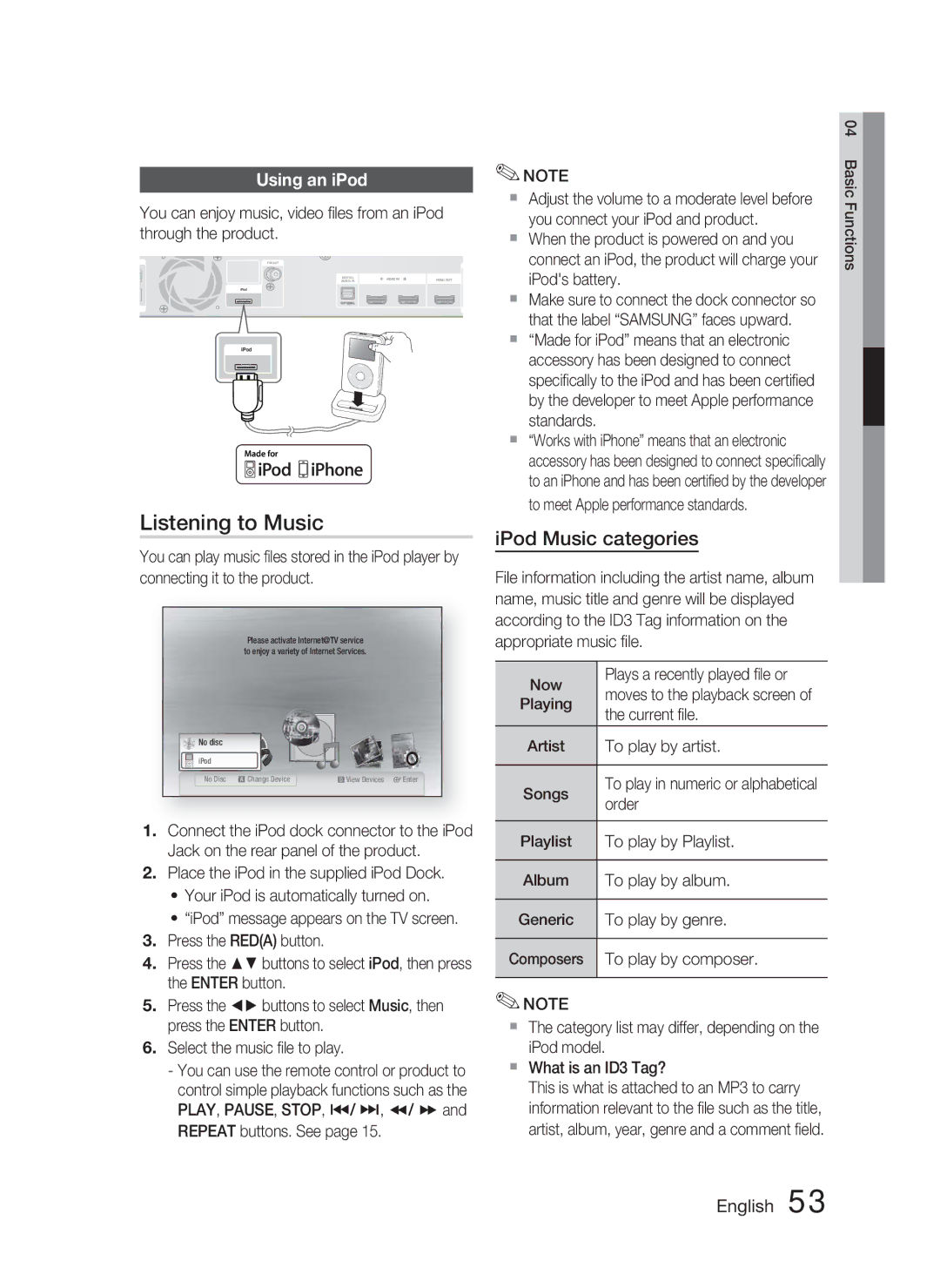 Samsung HT-C5800/XEE, HT-C5800/EDC, HT-C5800/XEF manual Listening to Music, IPod Music categories, Using an iPod, Now 