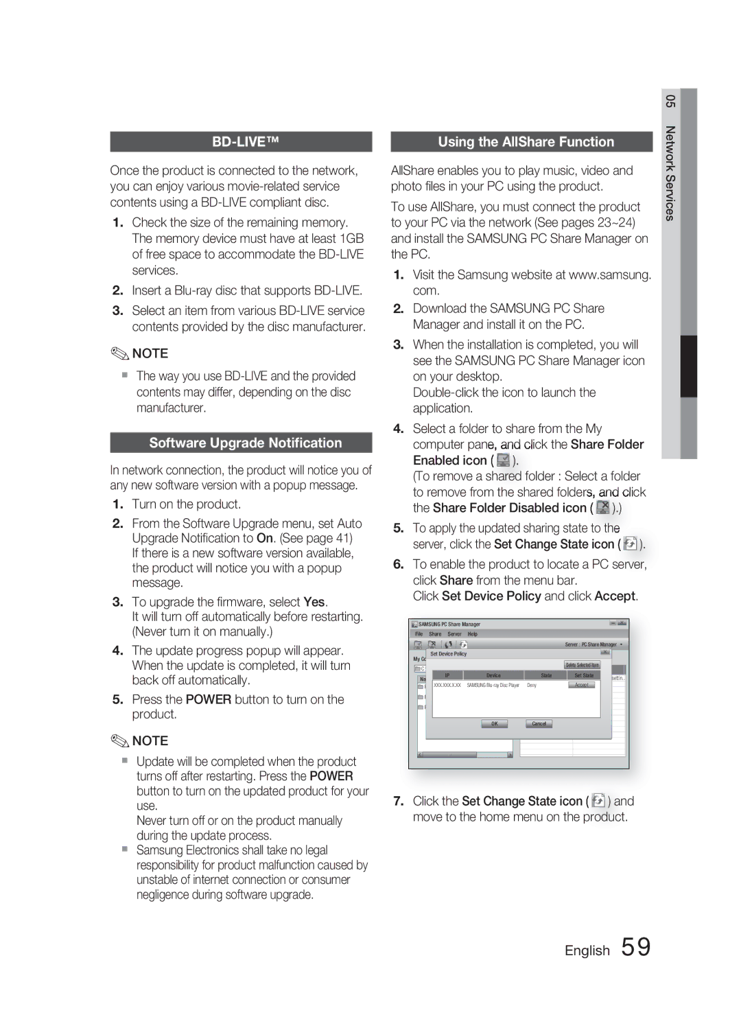 Samsung HT-C5800/XEE, HT-C5800/EDC, HT-C5800/XEF manual Software Upgrade Notiﬁcation, Using the AllShare Function 