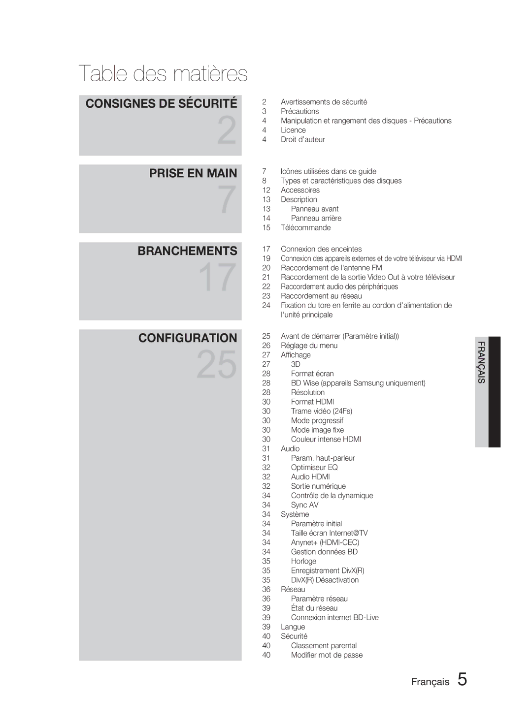 Samsung HT-C5800/XEE, HT-C5800/EDC, HT-C5800/XEF manual Table des matières 