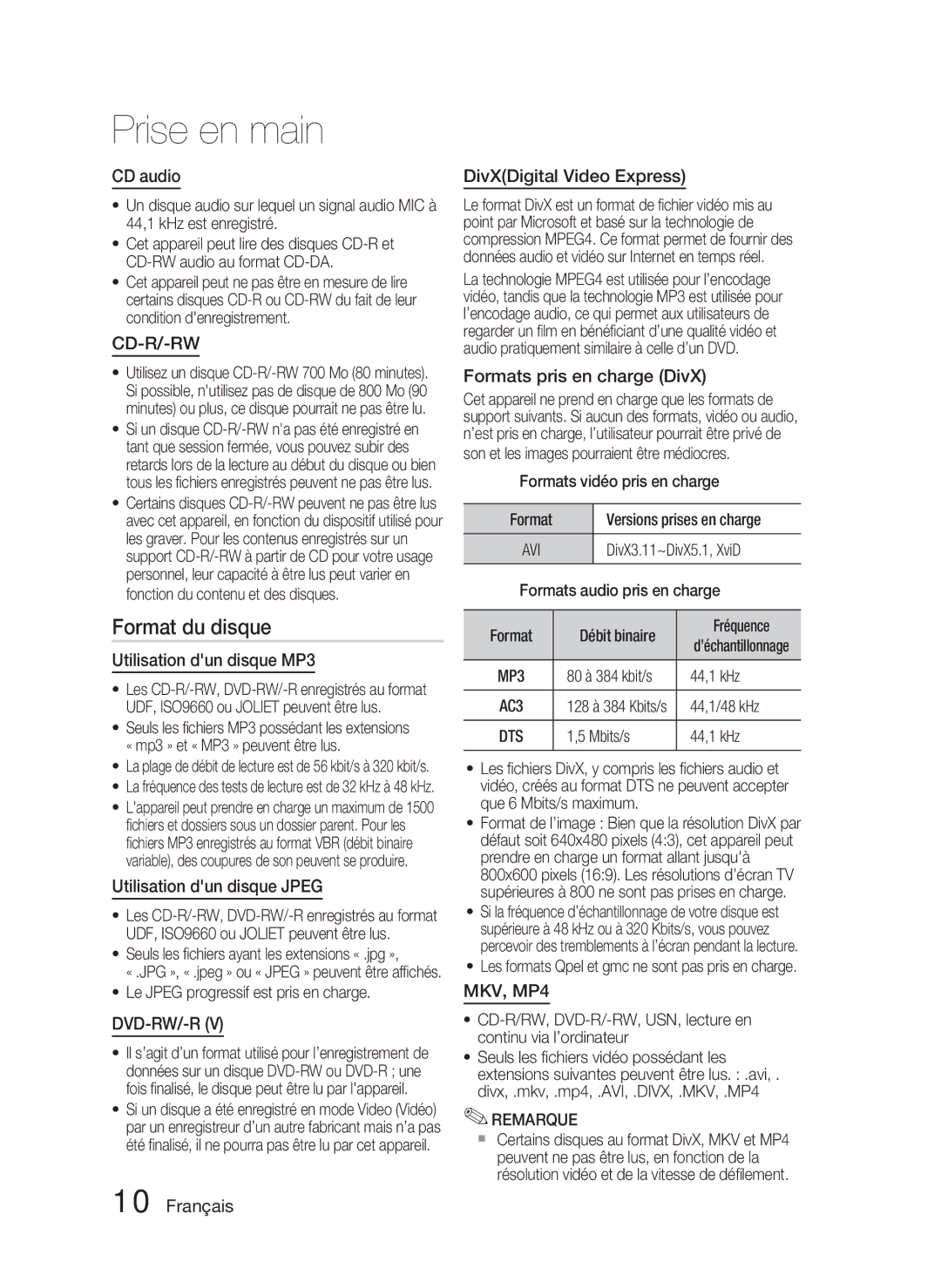 Samsung HT-C5800/XEF, HT-C5800/EDC Format du disque, CD audio, Utilisation dun disque MP3, Utilisation dun disque Jpeg 