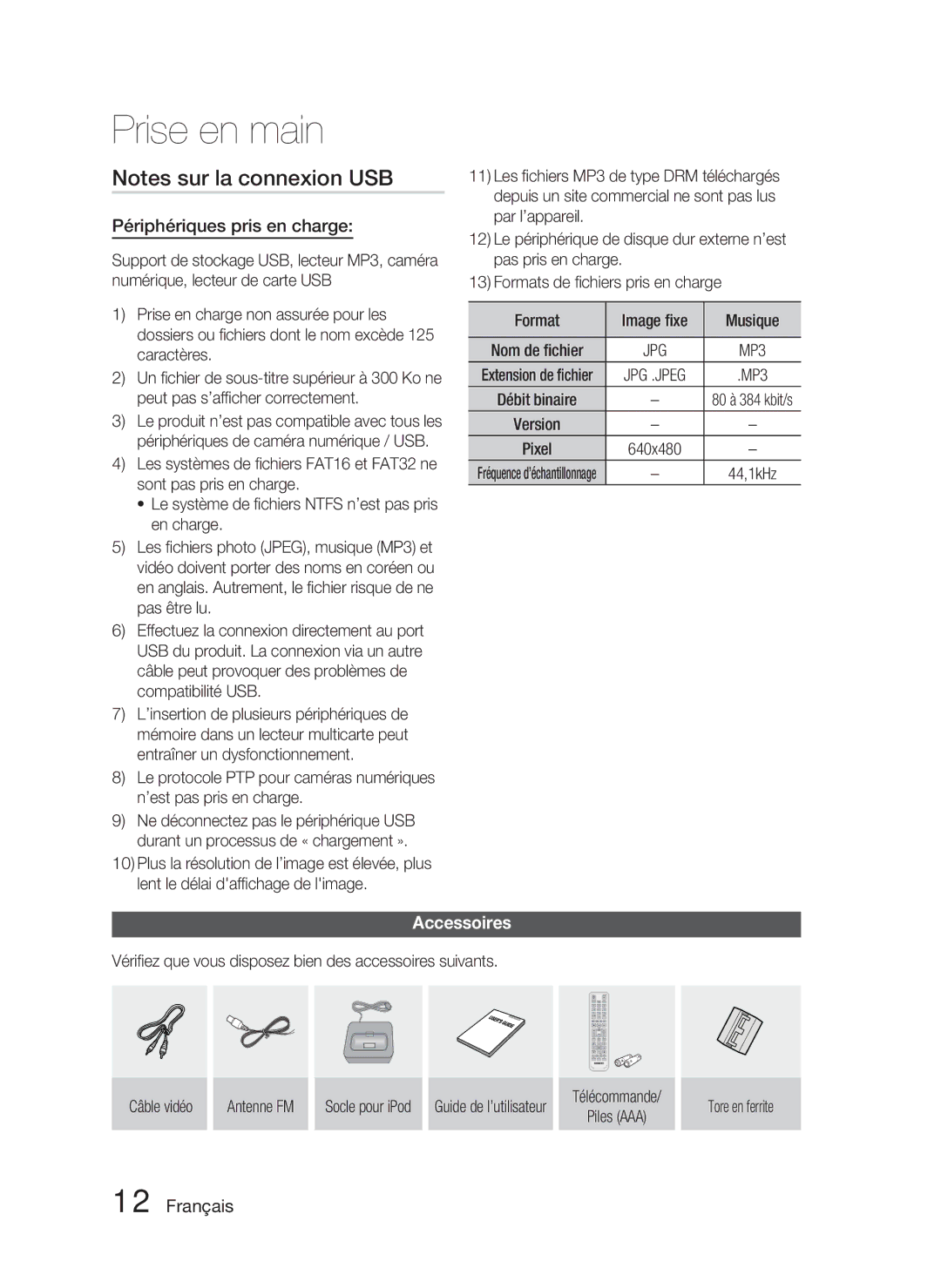 Samsung HT-C5800/EDC, HT-C5800/XEF manual Périphériques pris en charge, Accessoires, Télécommande Piles AAA Tore en ferrite 