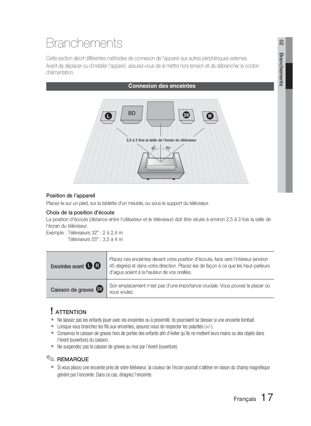 Samsung HT-C5800/XEE, HT-C5800/EDC manual Branchements, Connexion des enceintes, Enceintes avant ei Caisson de graves g 