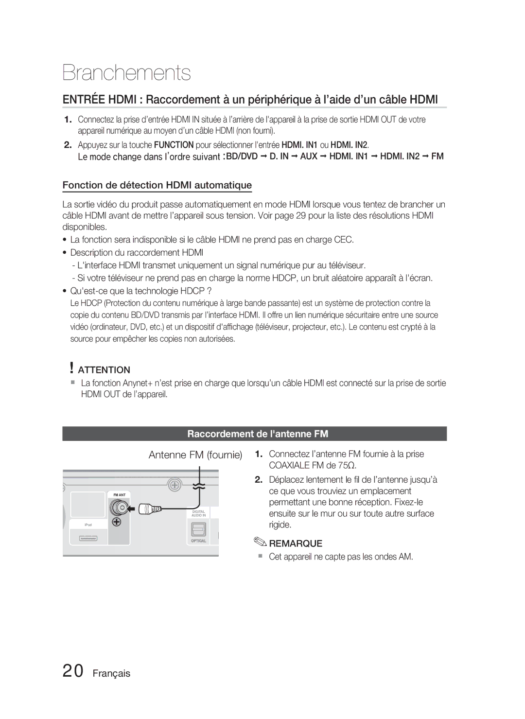 Samsung HT-C5800/XEE, HT-C5800/EDC Antenne FM fournie, Fonction de détection Hdmi automatique, Raccordement de lantenne FM 