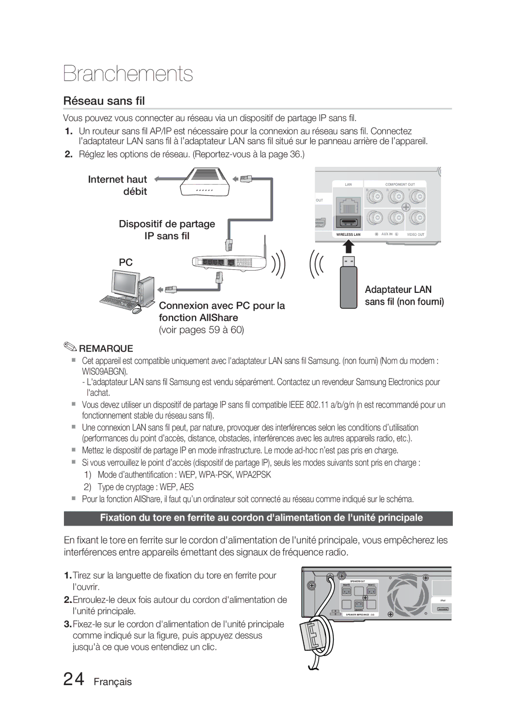 Samsung HT-C5800/EDC manual Internet haut, Débit, Dispositif de partage IP sans ﬁl, Adaptateur LAN sans ﬁl non fourni 