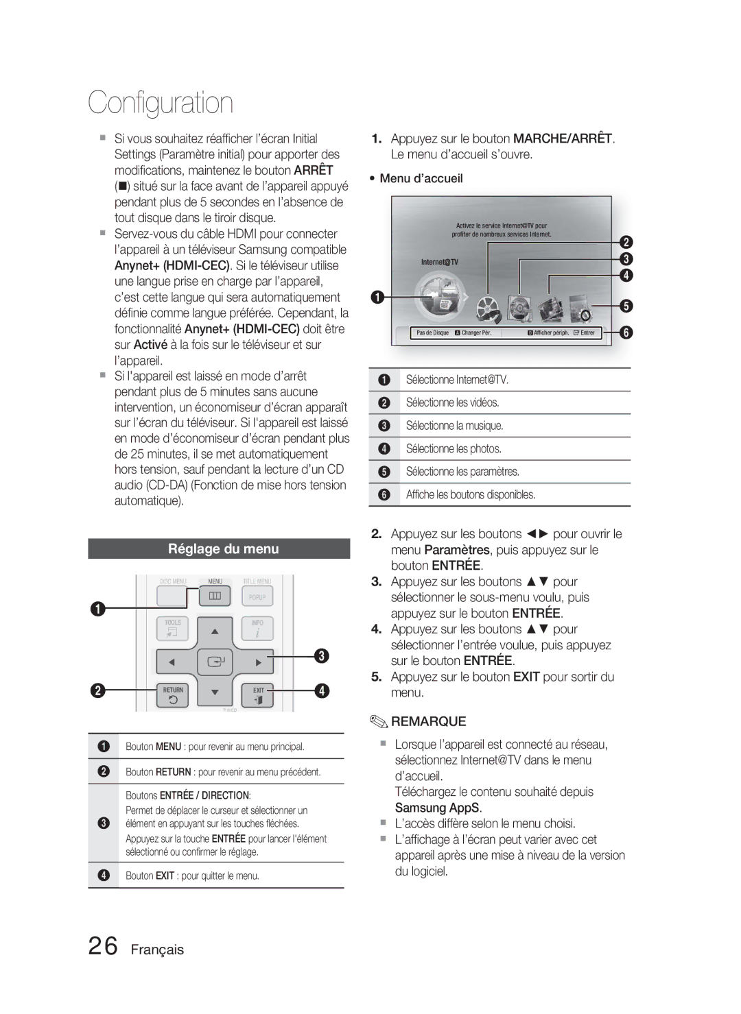 Samsung HT-C5800/XEE, HT-C5800/EDC, HT-C5800/XEF manual Réglage du menu 