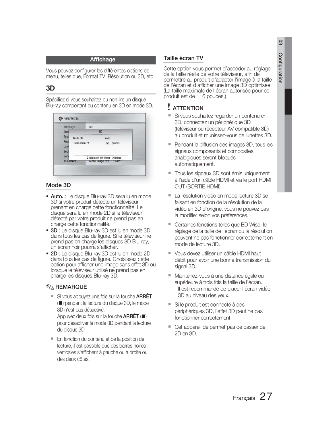 Samsung HT-C5800/EDC, HT-C5800/XEF, HT-C5800/XEE manual Afﬁchage, Mode 3D, Taille écran TV 