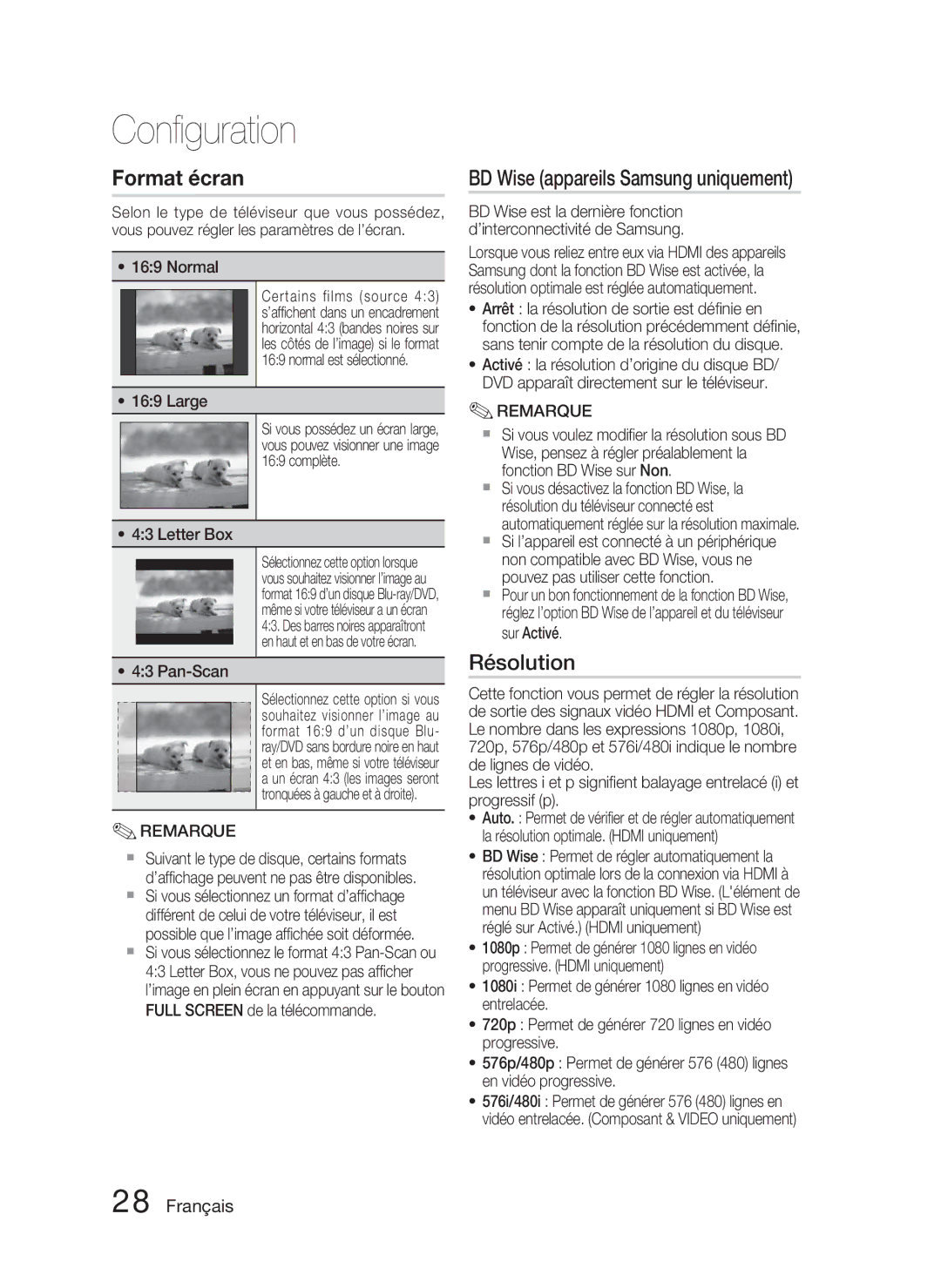 Samsung HT-C5800/XEF, HT-C5800/EDC, HT-C5800/XEE manual BD Wise appareils Samsung uniquement, Résolution, Large 