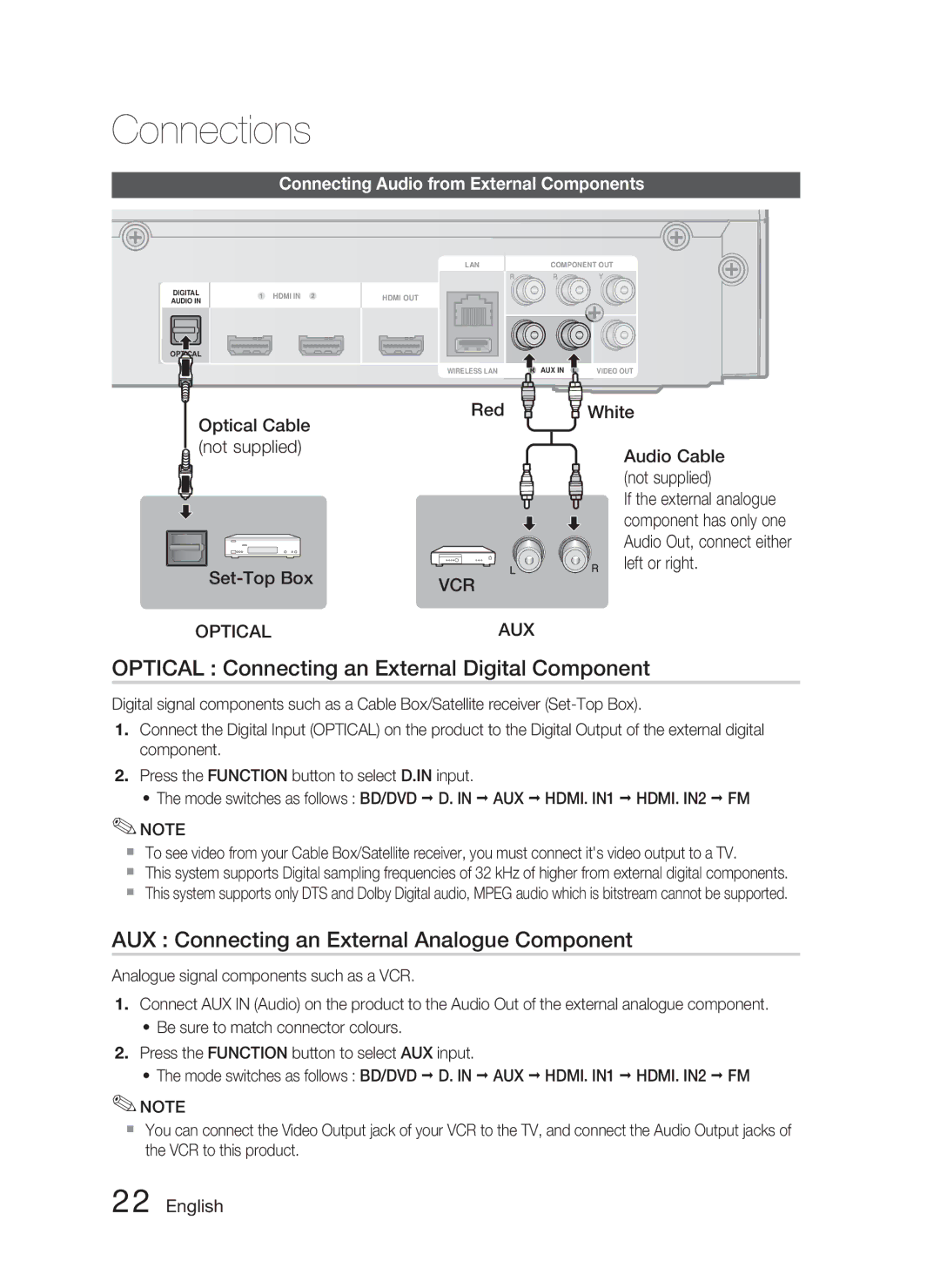 Samsung HT-C5800/XEF manual Optical Connecting an External Digital Component, AUX Connecting an External Analogue Component 