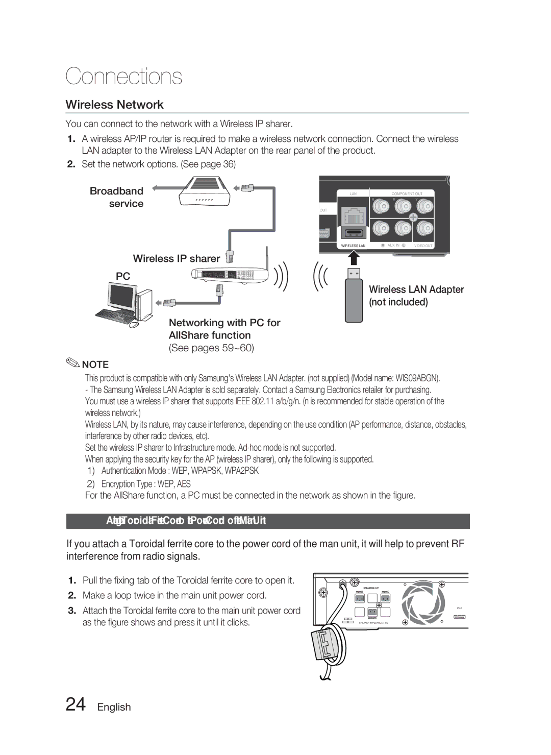 Samsung HT-C5800/EDC manual Broadband service Wireless IP sharer, Networking with PC for AllShare function See pages 59~60 