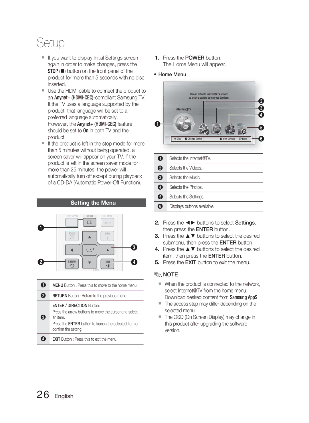 Samsung HT-C5800/XEE, HT-C5800/EDC, HT-C5800/XEF manual Setting the Menu 