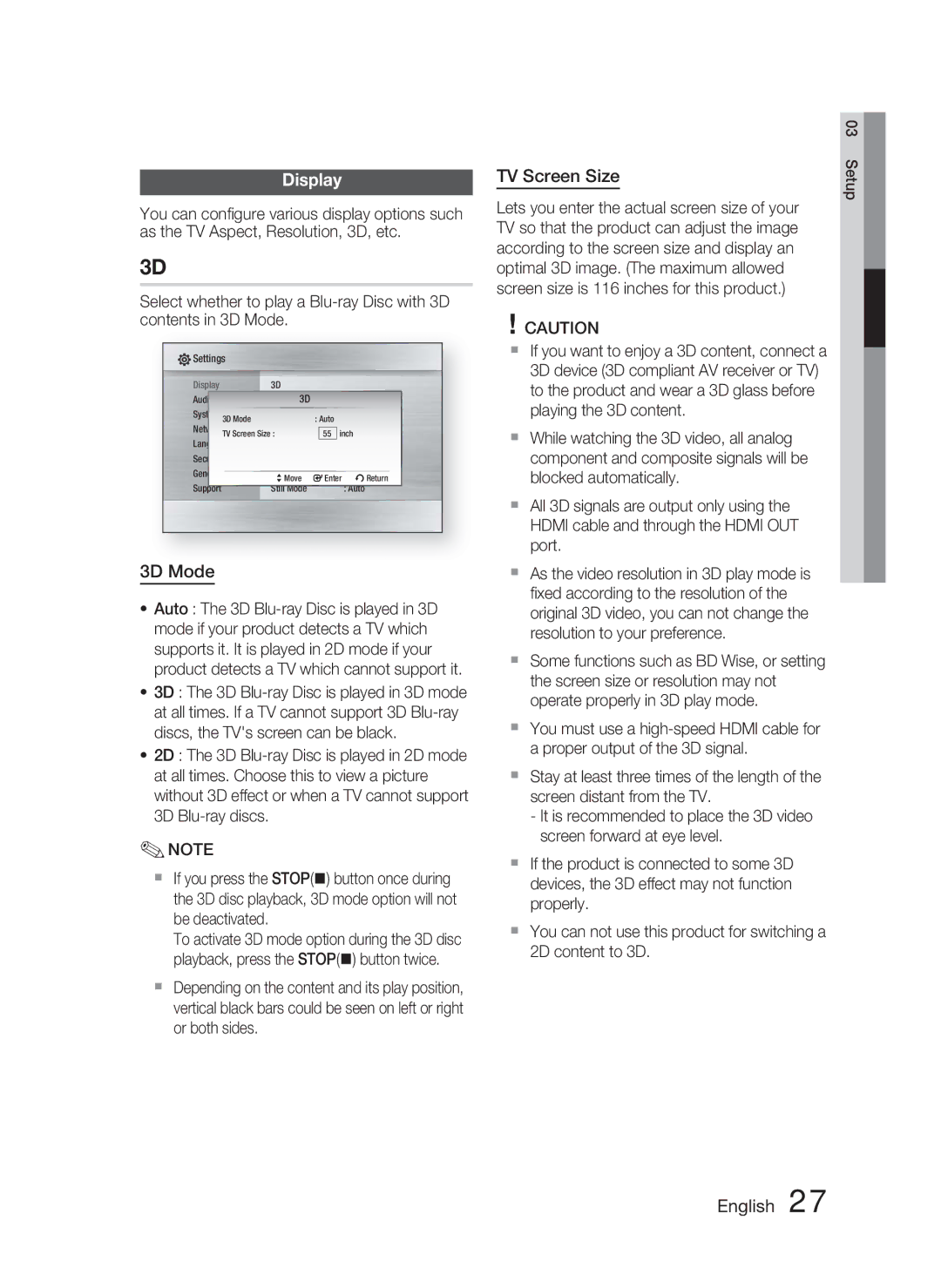 Samsung HT-C5800/EDC, HT-C5800/XEF, HT-C5800/XEE manual Display, 3D Mode, TV Screen Size 