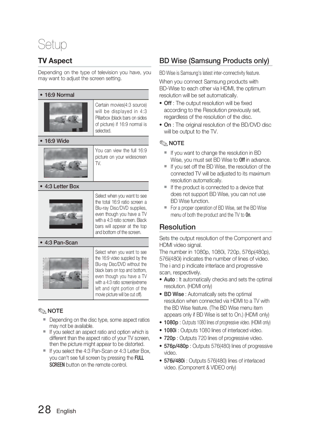 Samsung HT-C5800/XEF, HT-C5800/EDC, HT-C5800/XEE manual BD Wise Samsung Products only, Resolution, Pan-Scan 