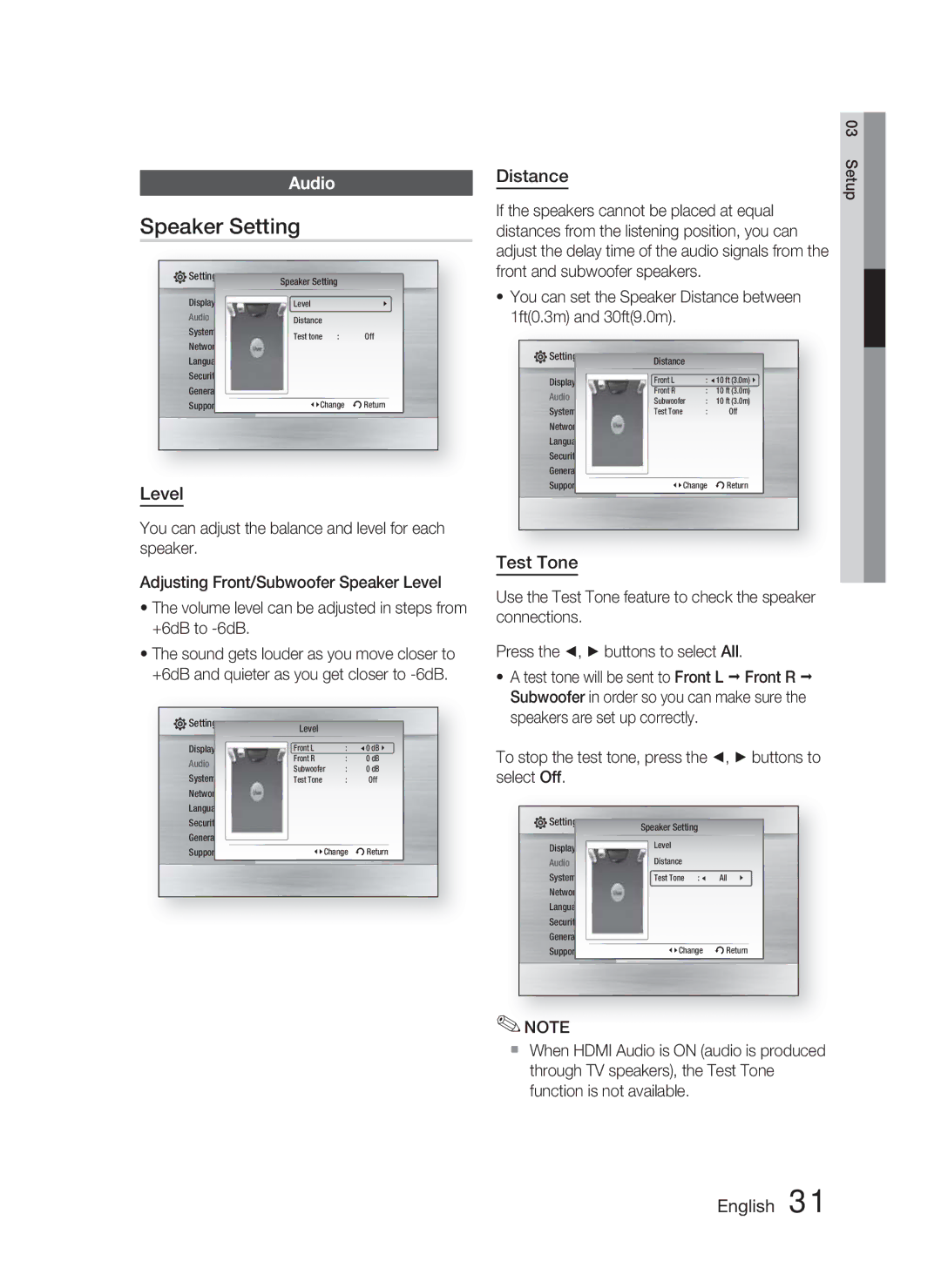 Samsung HT-C5800/XEF, HT-C5800/EDC, HT-C5800/XEE manual Speaker Setting, Audio, Level, Distance, Test Tone 