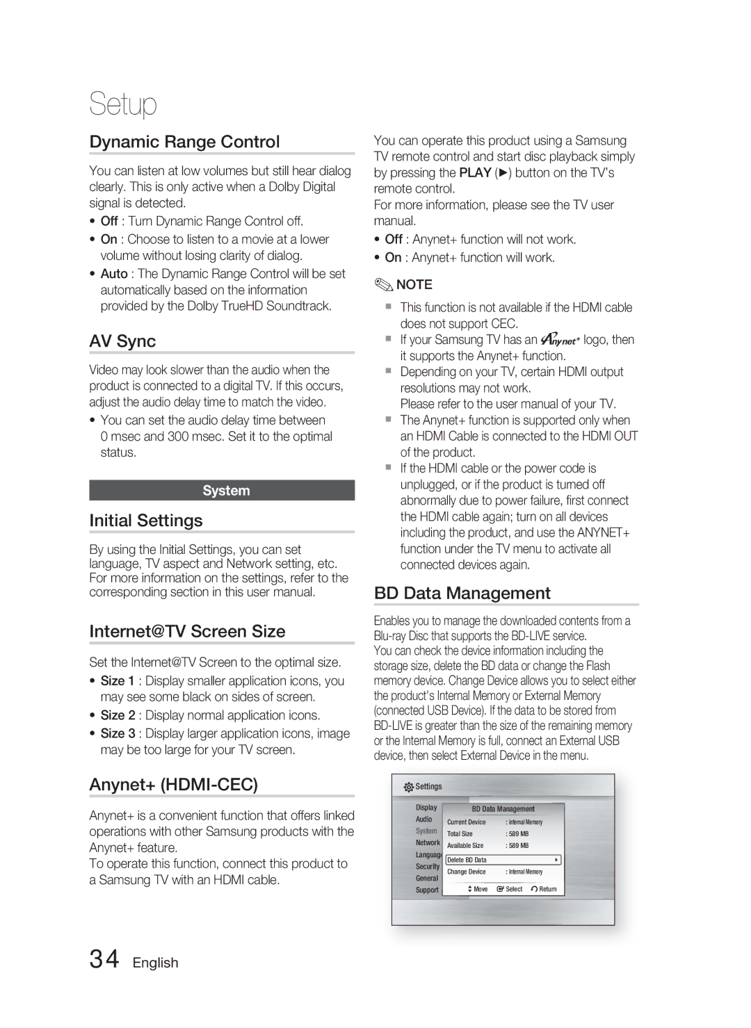 Samsung HT-C5800/XEF manual Dynamic Range Control, AV Sync, Initial Settings Internet@TV Screen Size, Anynet+ HDMI-CEC 