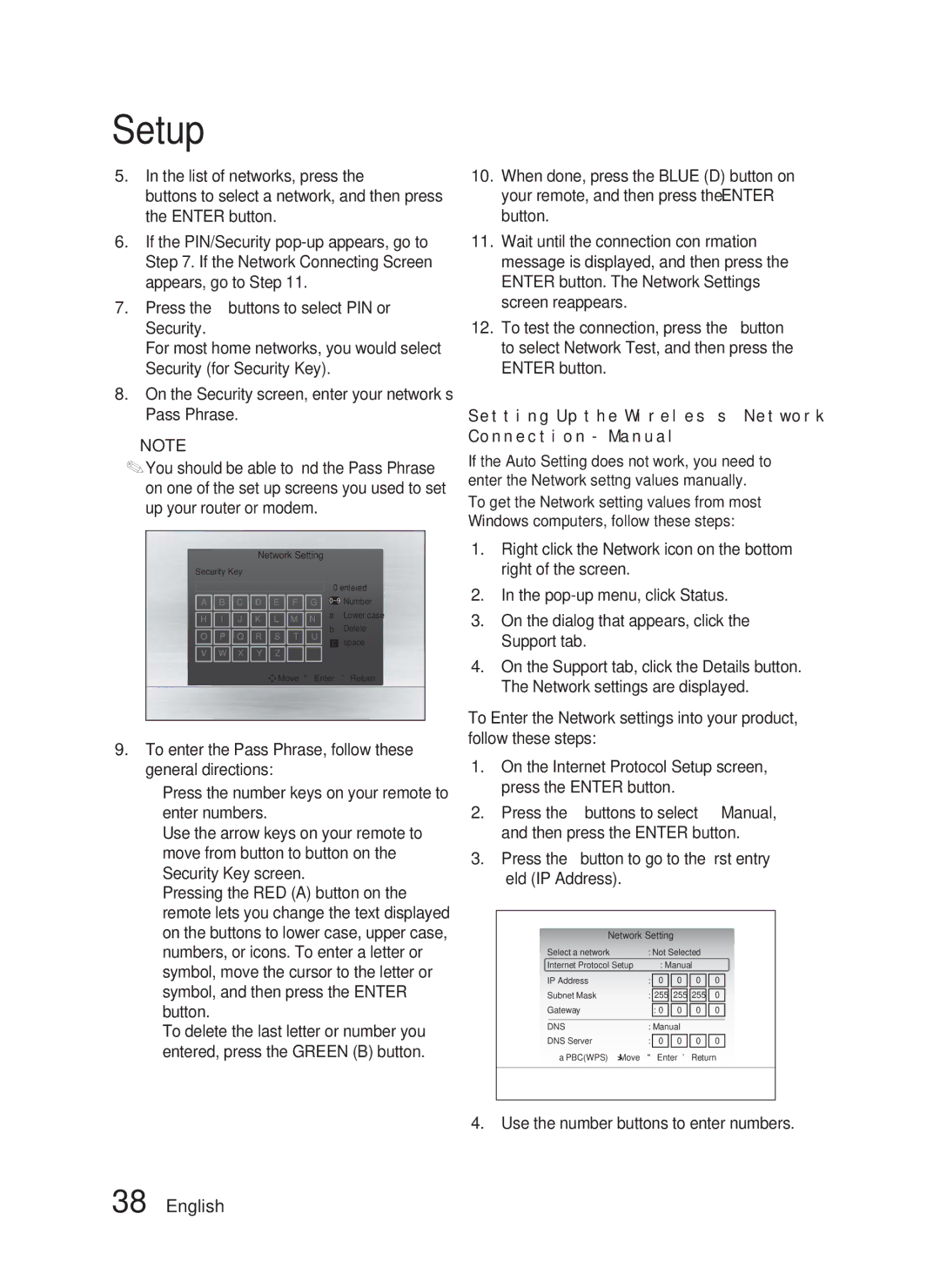 Samsung HT-C5800/XEE manual Setting Up the Wireless Network Connection Manual, Use the number buttons to enter numbers 