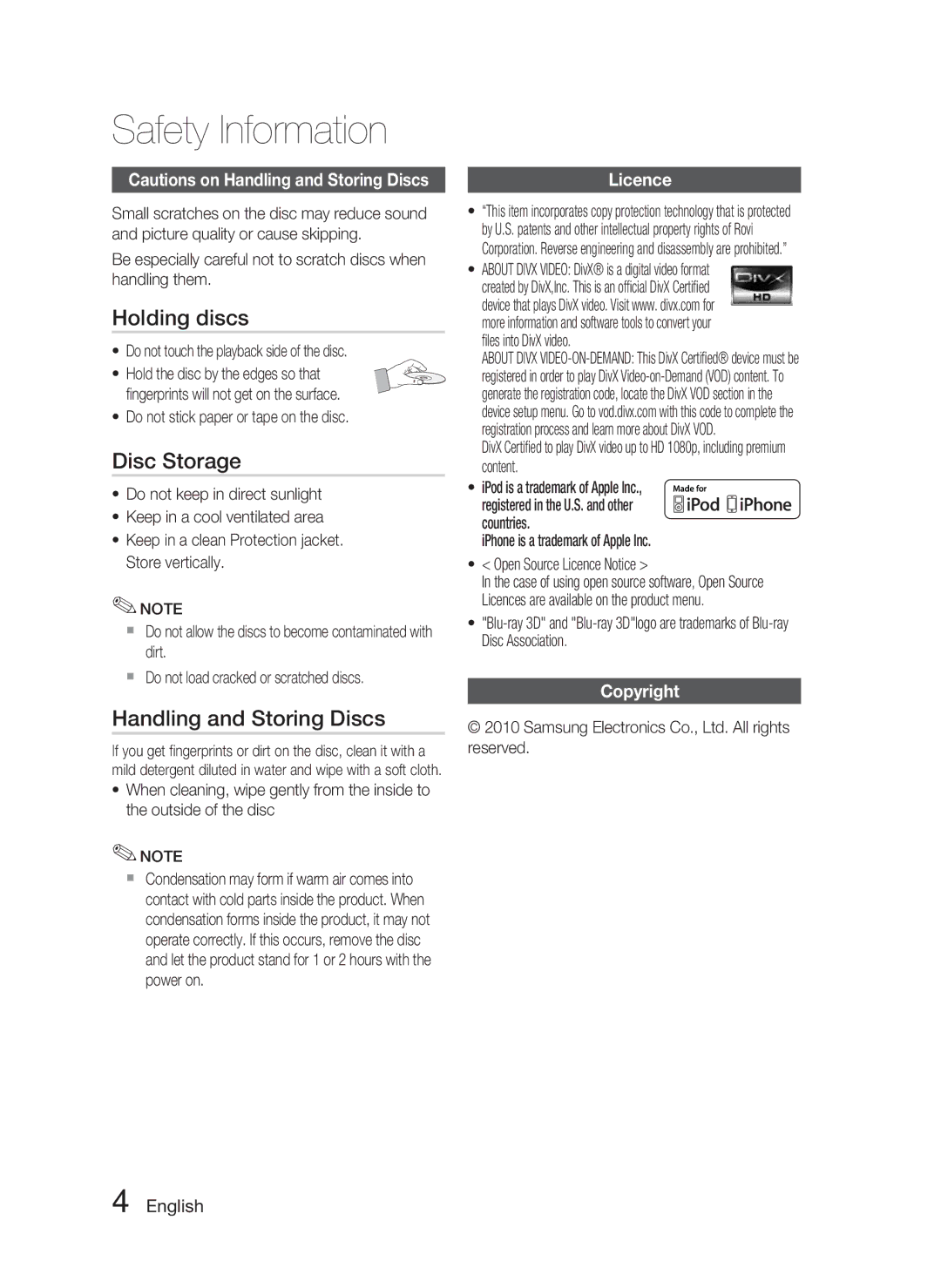 Samsung HT-C5800/XEF, HT-C5800/EDC manual Holding discs, Disc Storage, Handling and Storing Discs, Licence, Copyright 