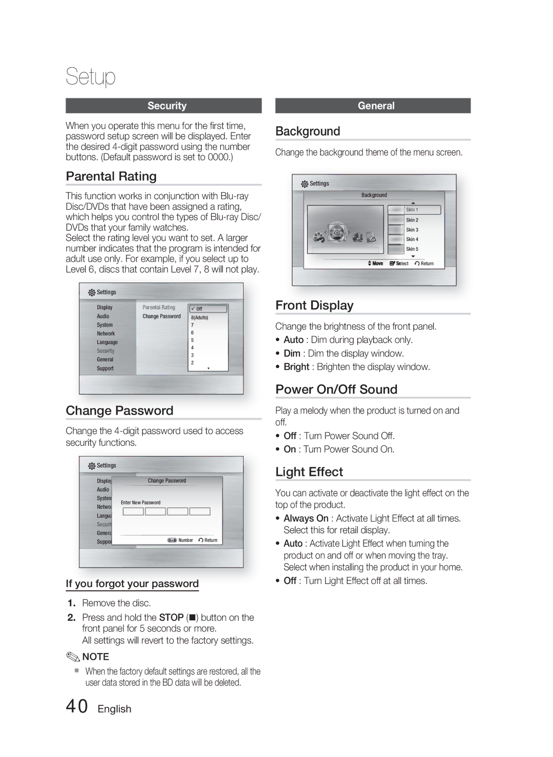 Samsung HT-C5800/XEF manual Parental Rating, Change Password, Background, Front Display, Power On/Off Sound, Light Effect 