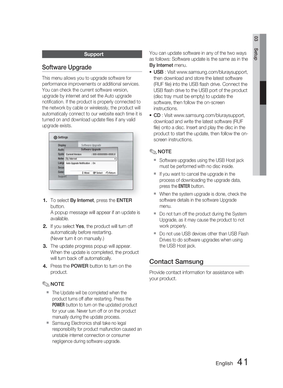 Samsung HT-C5800/XEE, HT-C5800/EDC, HT-C5800/XEF manual Software Upgrade, Contact Samsung, Support 