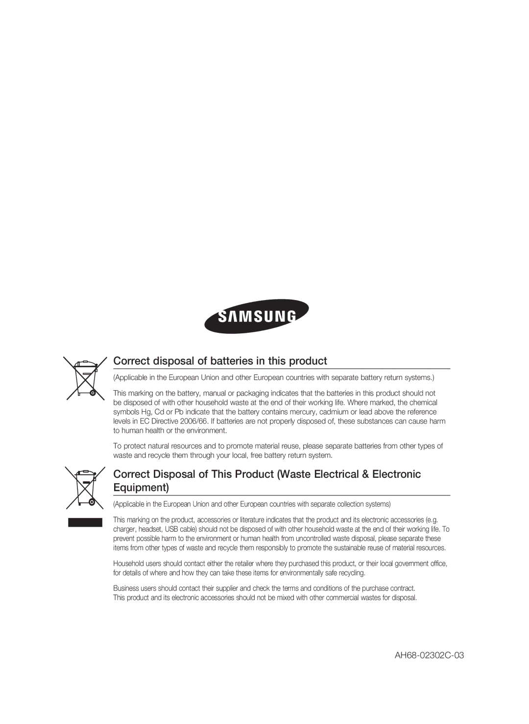 Samsung HT-C5800/EDC, HT-C5800/XEF, HT-C5800/XEE manual Correct disposal of batteries in this product, AH68-02302C-03 