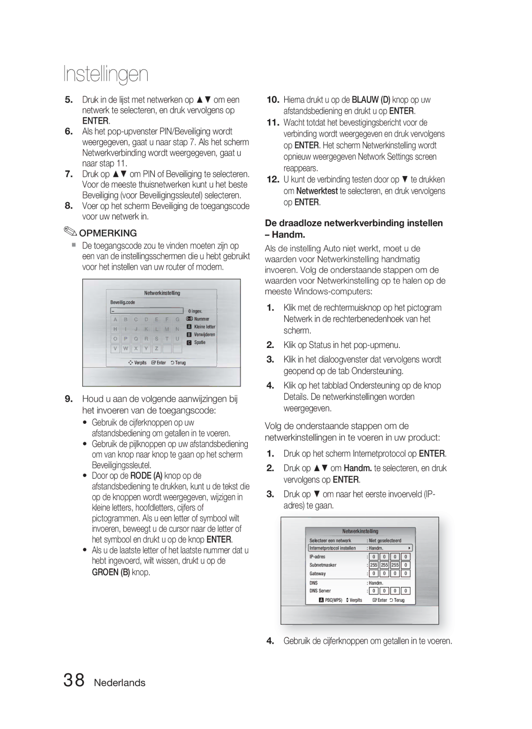 Samsung HT-C5800/EDC De draadloze netwerkverbinding instellen Handm, Gebruik de cijferknoppen om getallen in te voeren 