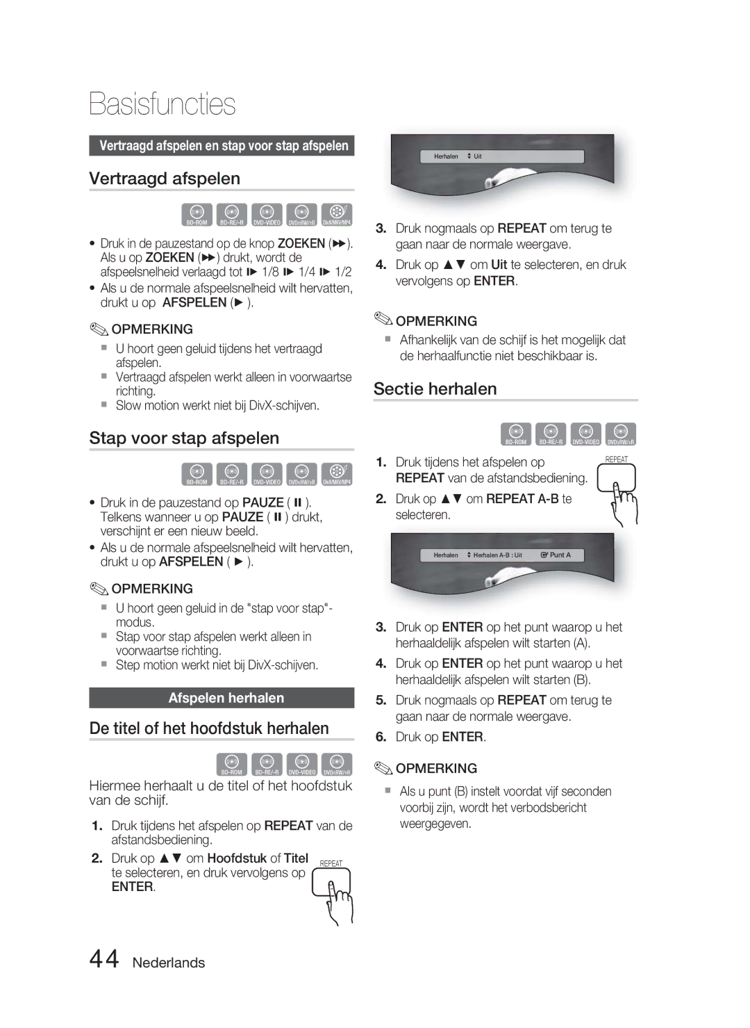 Samsung HT-C5800/EDC Vertraagd afspelen, Stap voor stap afspelen, De titel of het hoofdstuk herhalen, Sectie herhalen 