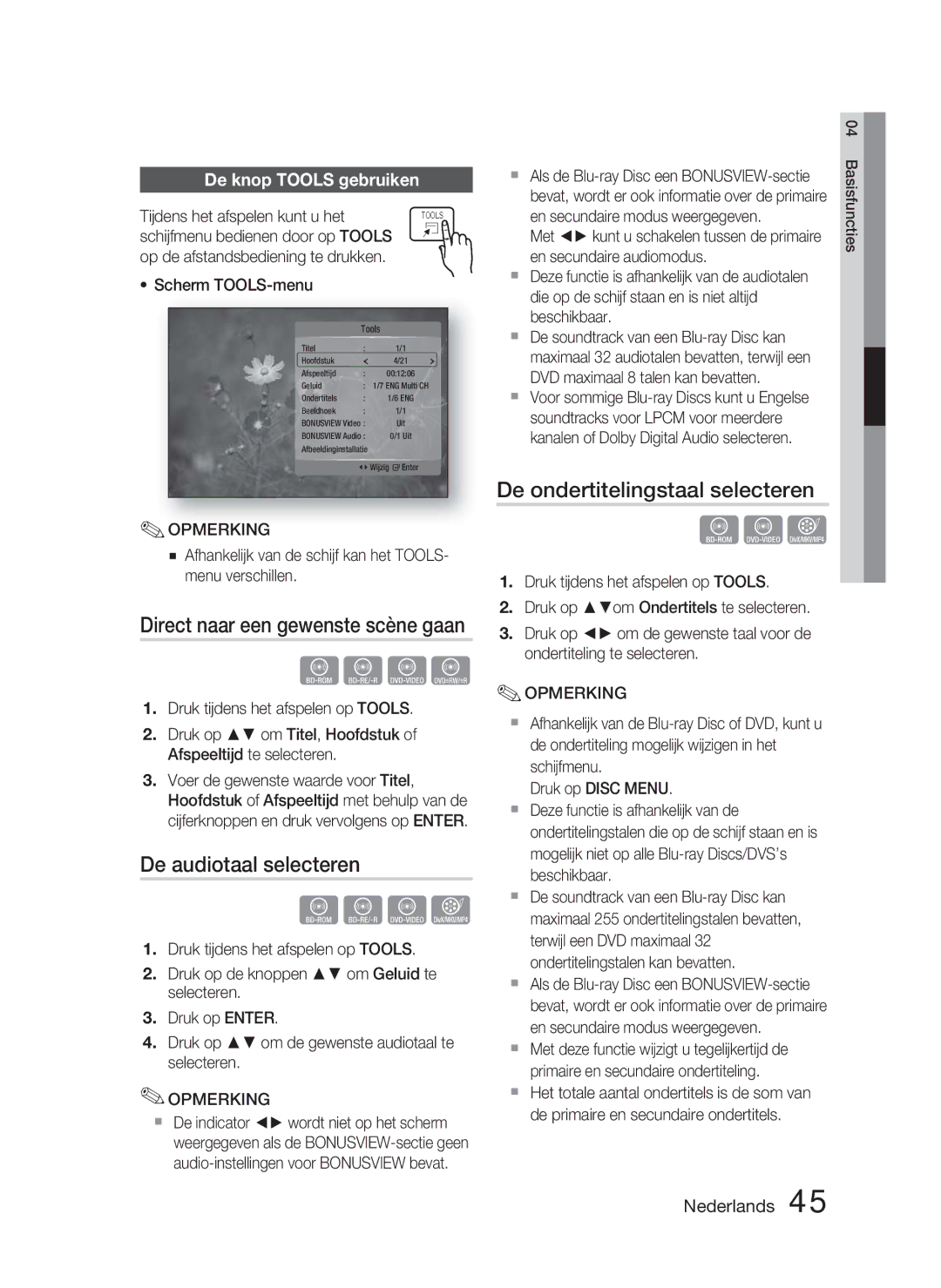 Samsung HT-C5800/XEF, HT-C5800/EDC manual De audiotaal selecteren, De ondertitelingstaal selecteren, De knop Tools gebruiken 