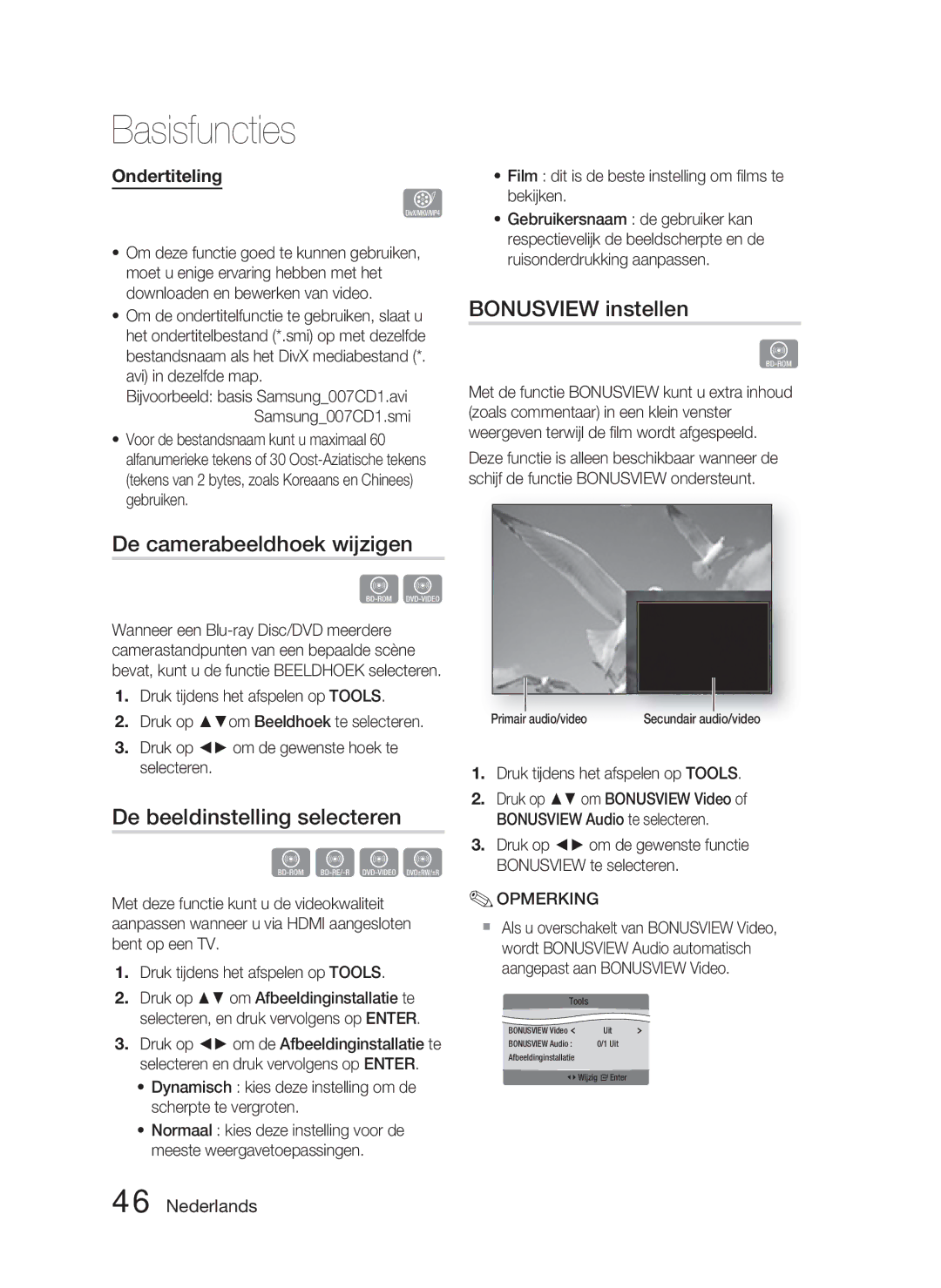 Samsung HT-C5800/EDC De camerabeeldhoek wijzigen, De beeldinstelling selecteren, Bonusview instellen, Avi in dezelfde map 