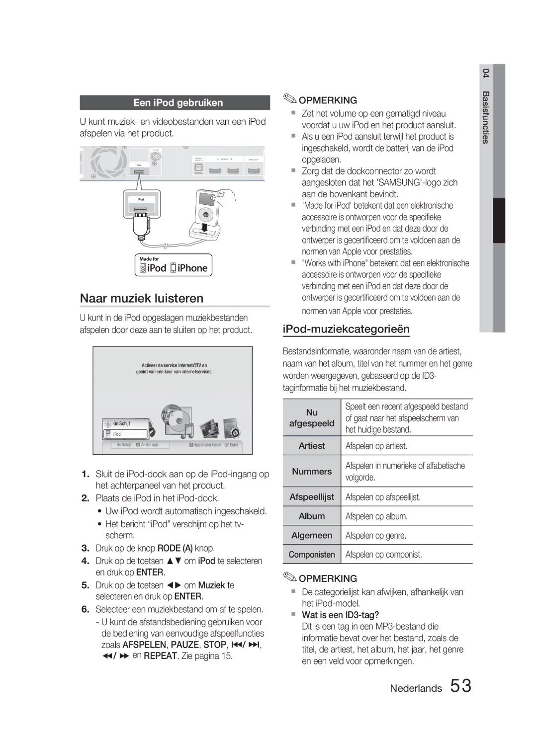 Samsung HT-C5800/XEF, HT-C5800/EDC manual Naar muziek luisteren, IPod-muziekcategorieën, Een iPod gebruiken 