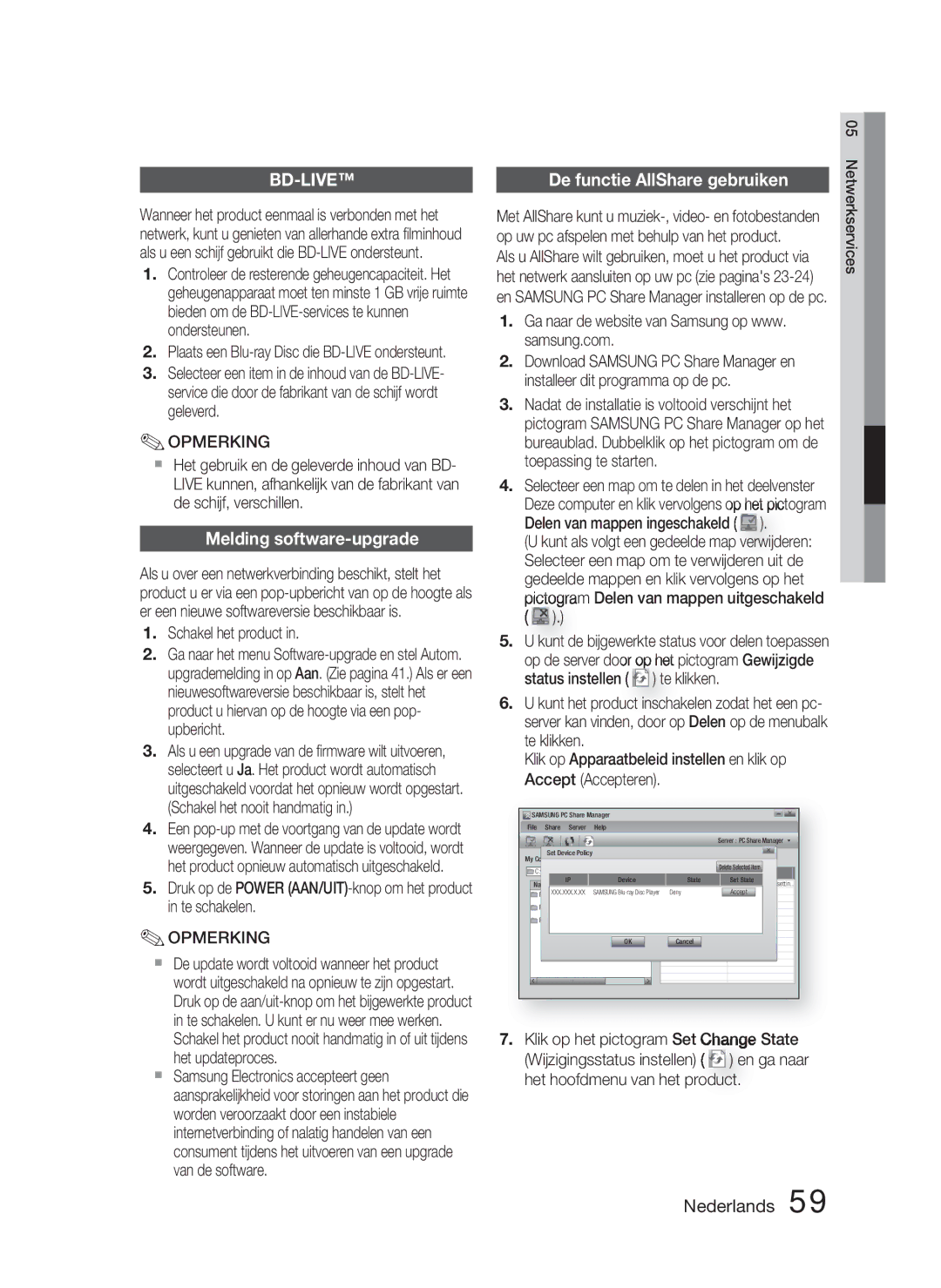 Samsung HT-C5800/XEF, HT-C5800/EDC manual Melding software-upgrade, De functie AllShare gebruiken, Schakel het product 