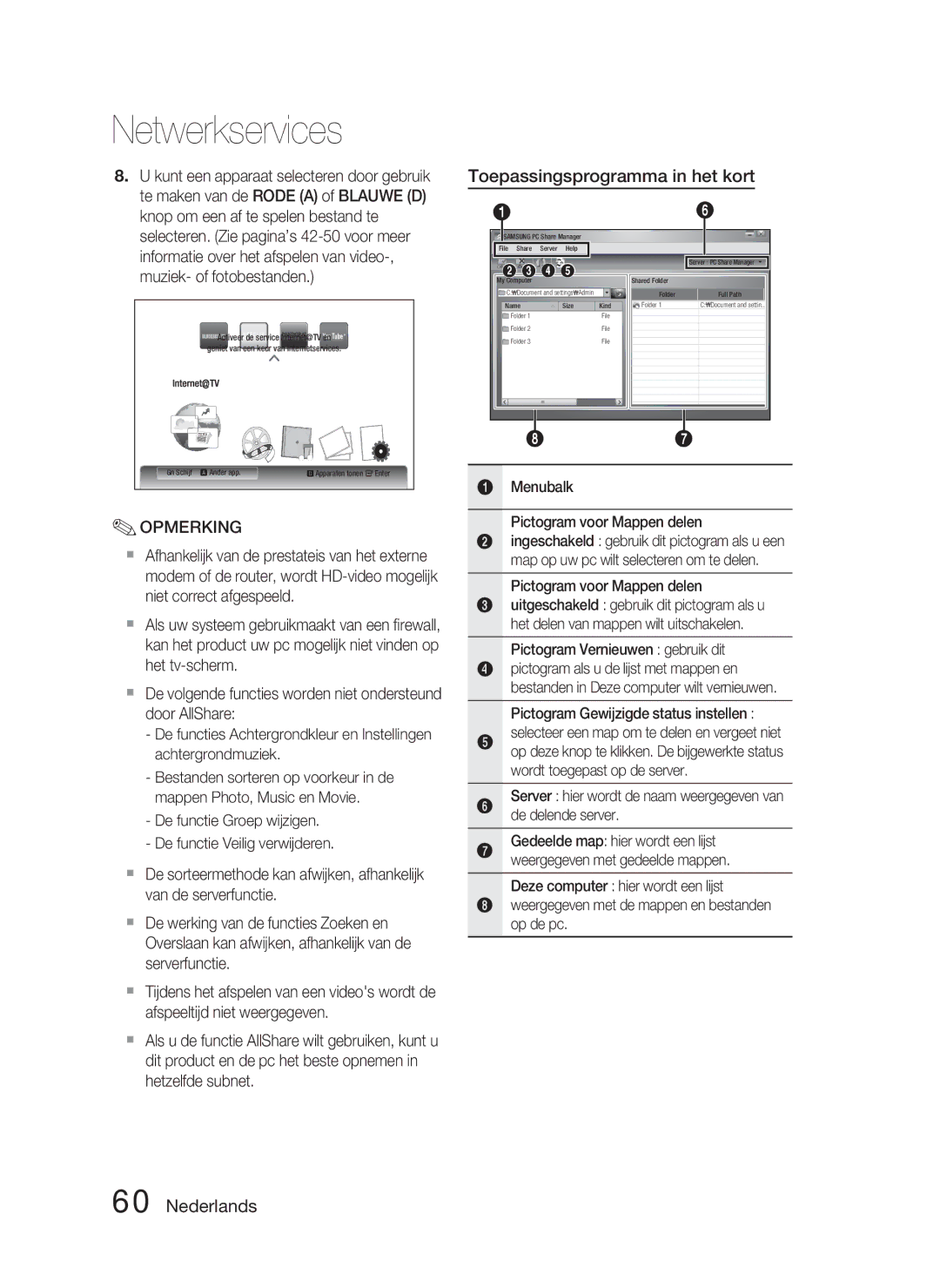 Samsung HT-C5800/EDC, HT-C5800/XEF manual Toepassingsprogramma in het kort, Menubalk Pictogram voor Mappen delen 