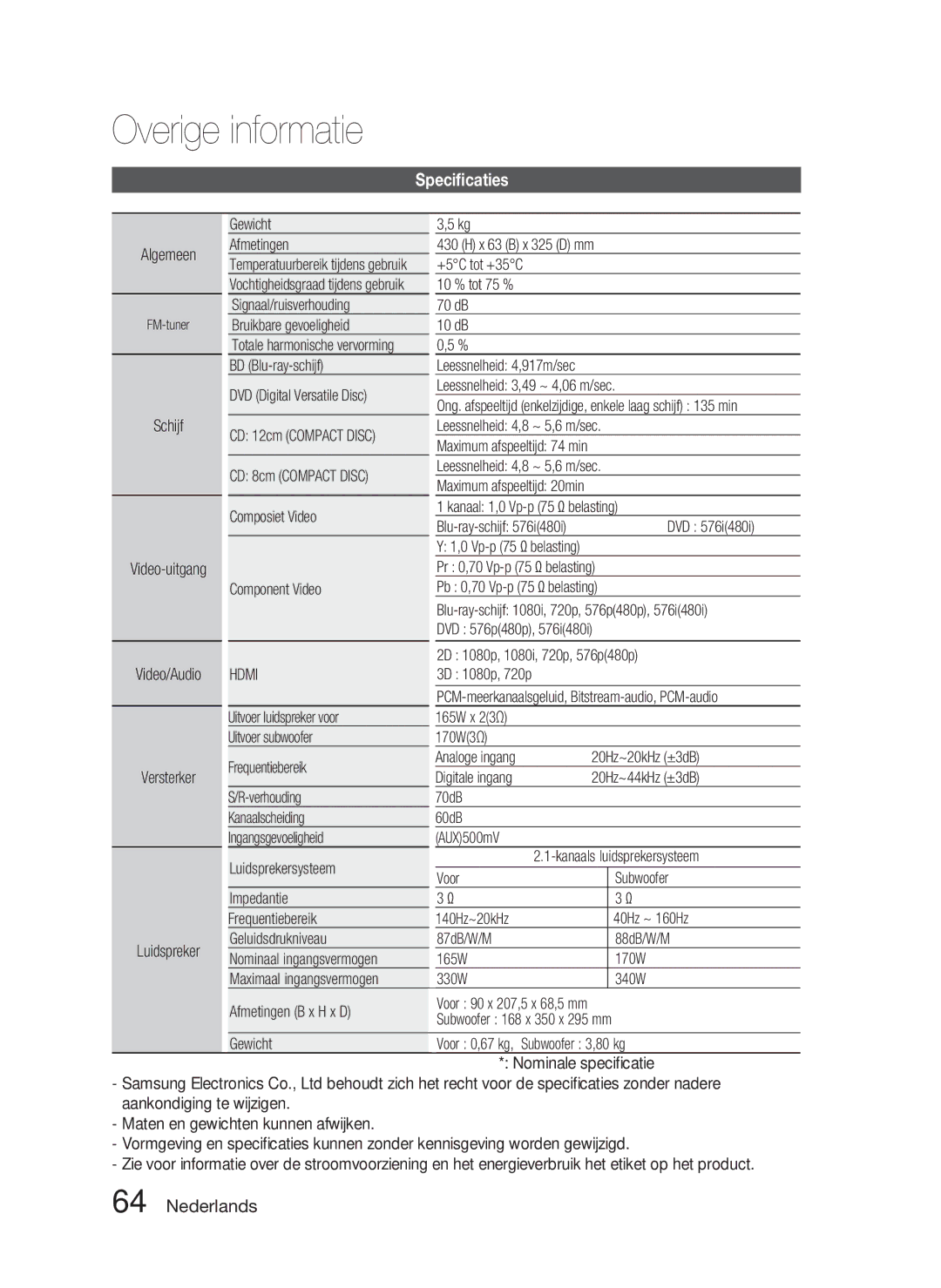 Samsung HT-C5800/EDC, HT-C5800/XEF manual Speciﬁcaties 