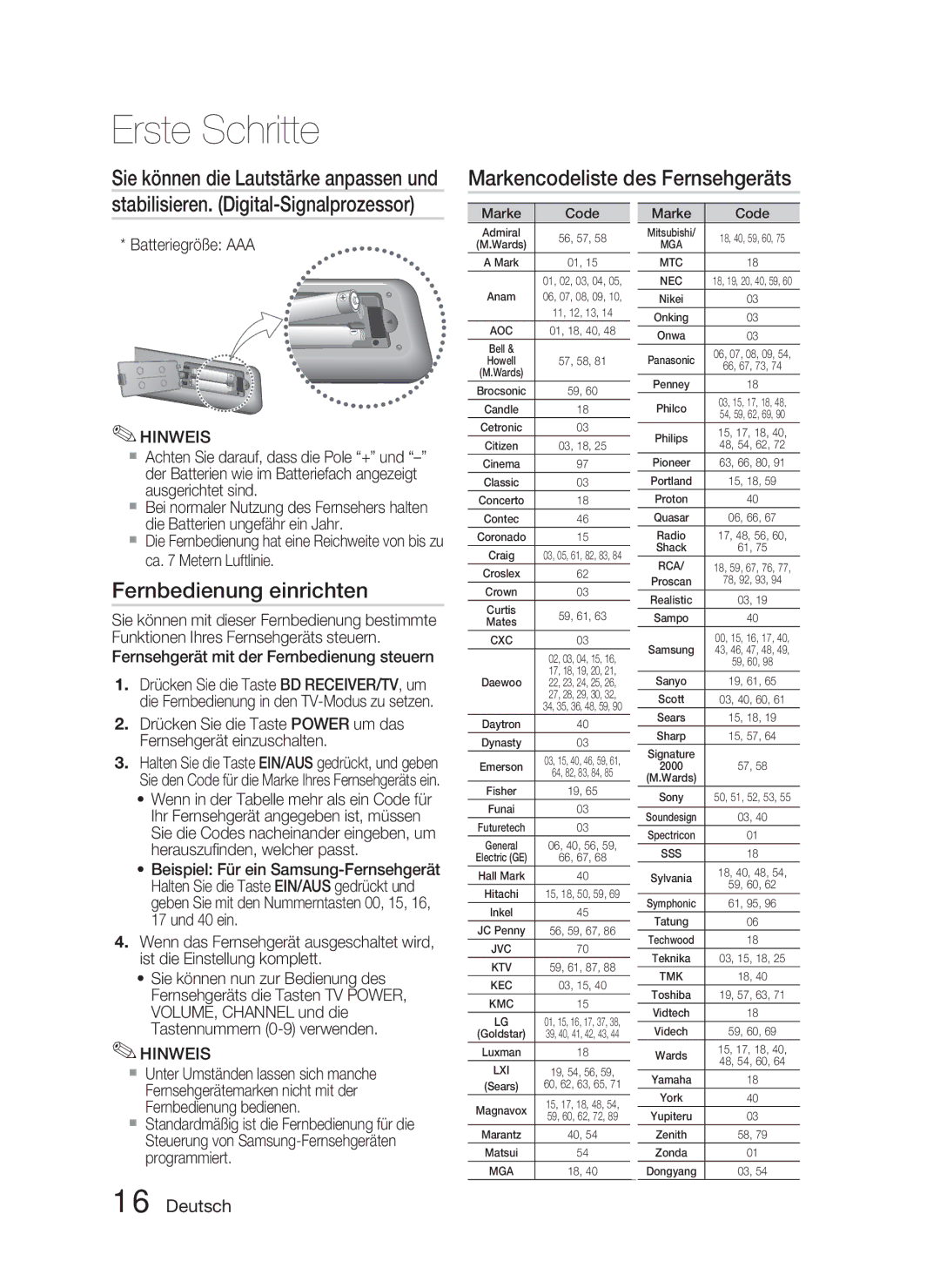 Samsung HT-C5800/EDC Markencodeliste des Fernsehgeräts, Fernbedienung einrichten, Sie können die Lautstärke anpassen und 