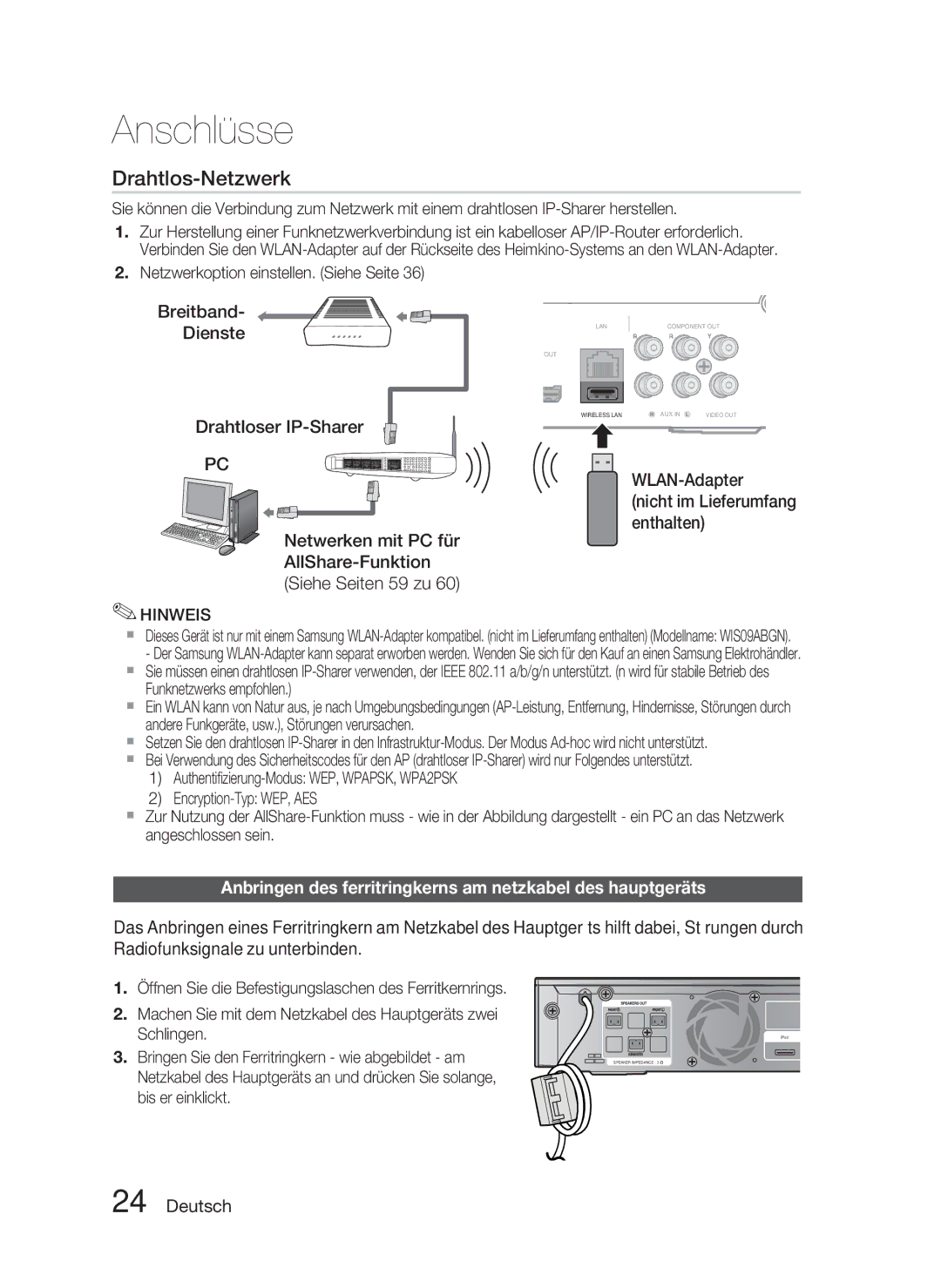 Samsung HT-C5800/EDC, HT-C5800/XEF manual Breitband Dienste Drahtloser IP-Sharer, WLAN-Adapter 