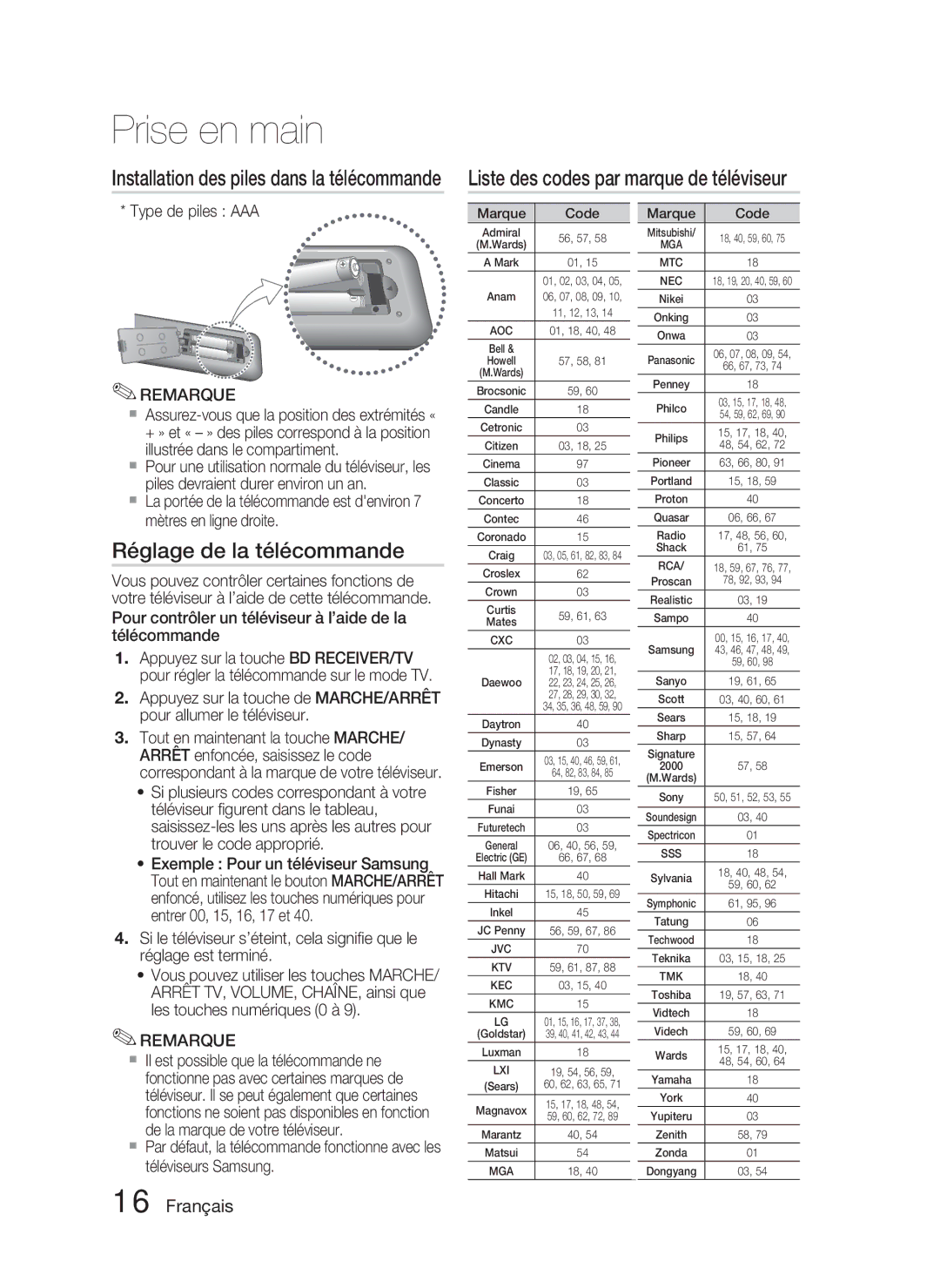 Samsung HT-C5800/EDC, HT-C5800/XEF Liste des codes par marque de téléviseur, Réglage de la télécommande, Type de piles AAA 