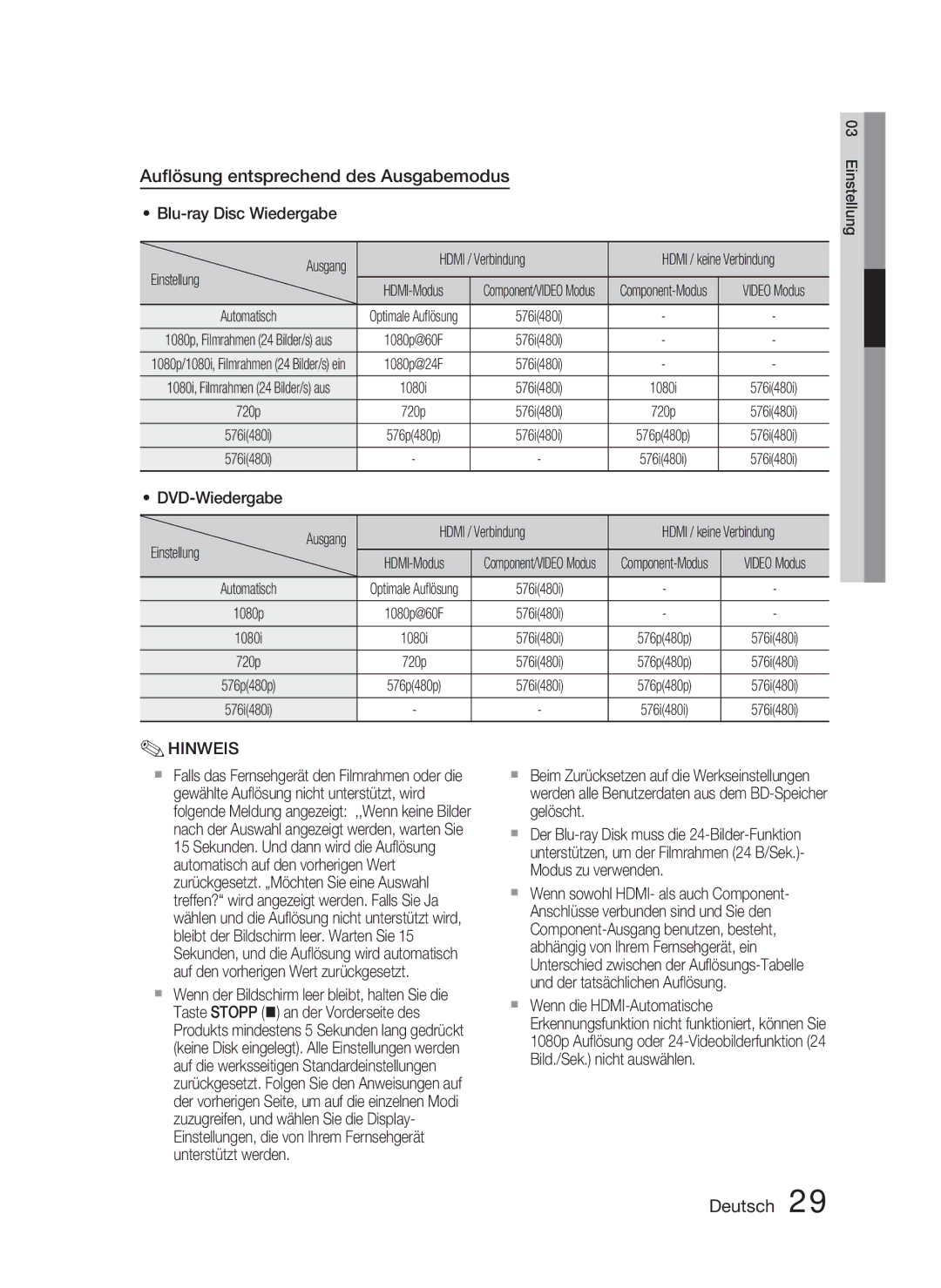 Samsung HT-C5800/XEF manual Auﬂösung entsprechend des Ausgabemodus, Blu-ray Disc Wiedergabe, Hdmi / Verbindung, Einstellung 