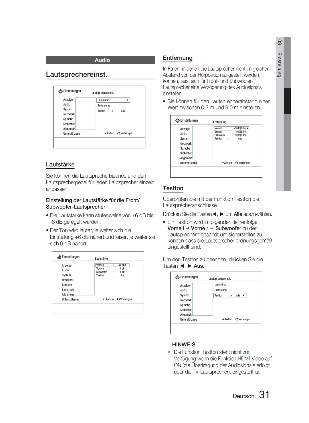 Samsung HT-C5800/XEF manual Lautsprechereinst, Lautstärke, Entfernung, Testton, Drücken Sie die Tasten, um Alle auszuwählen 