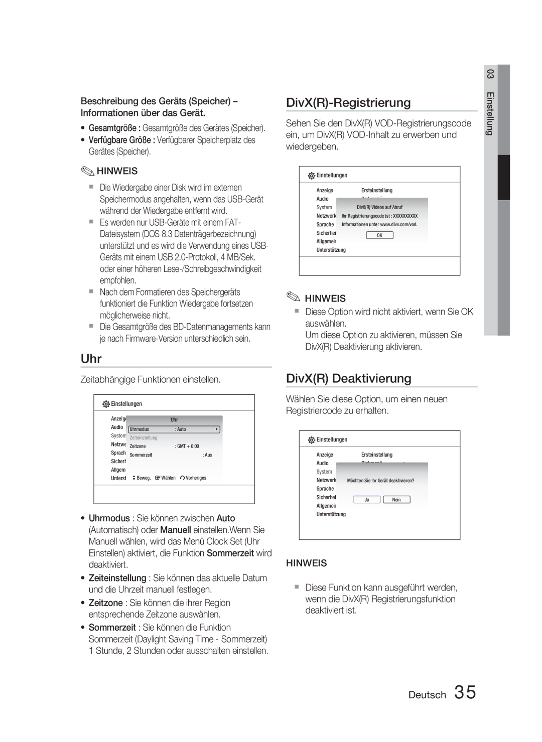 Samsung HT-C5800/XEF, HT-C5800/EDC manual Uhr, DivXR-Registrierung, DivXR Deaktivierung, Zeitabhängige Funktionen einstellen 