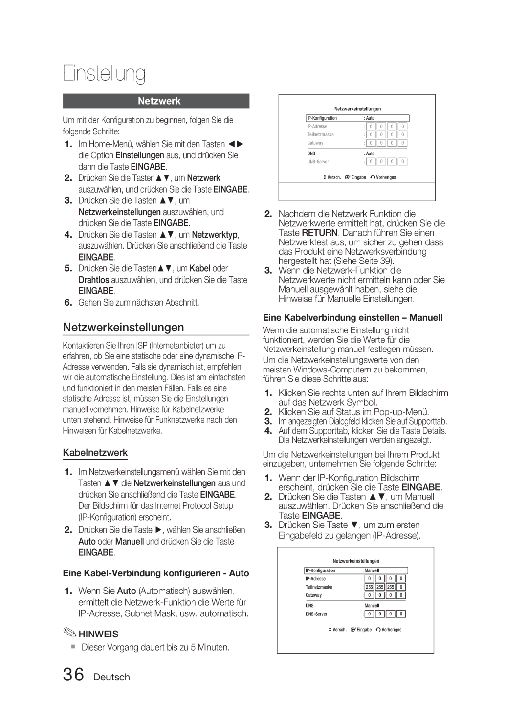 Samsung HT-C5800/EDC, HT-C5800/XEF manual Netzwerkeinstellungen, Kabelnetzwerk, Gehen Sie zum nächsten Abschnitt 